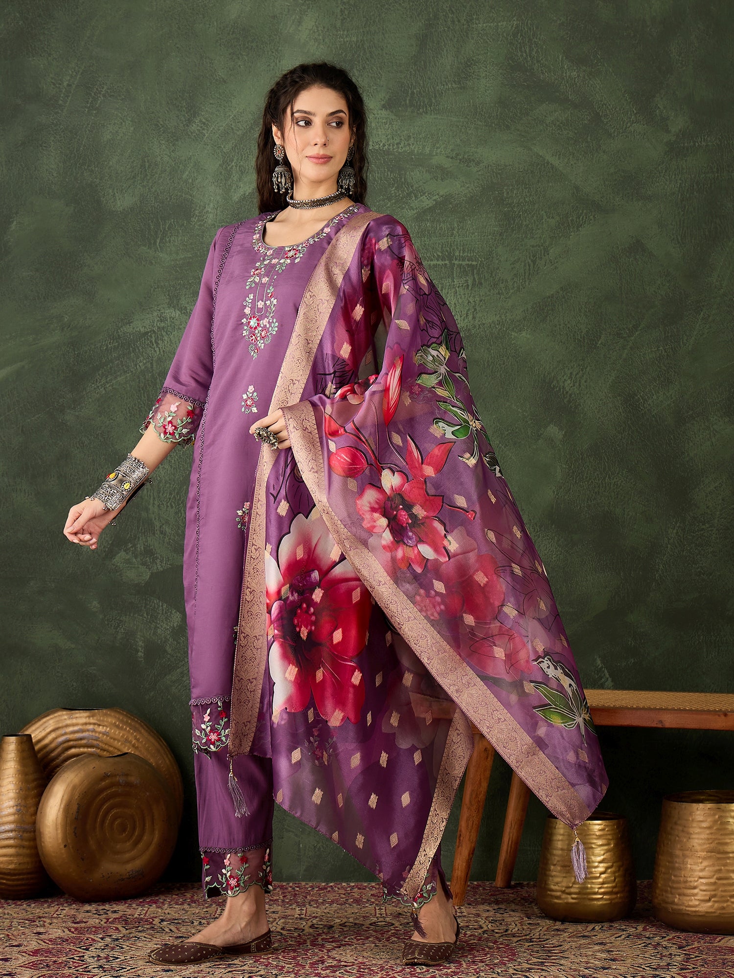 Roop Lavender Solid Silk Blend Straight Suit With Dupatta
