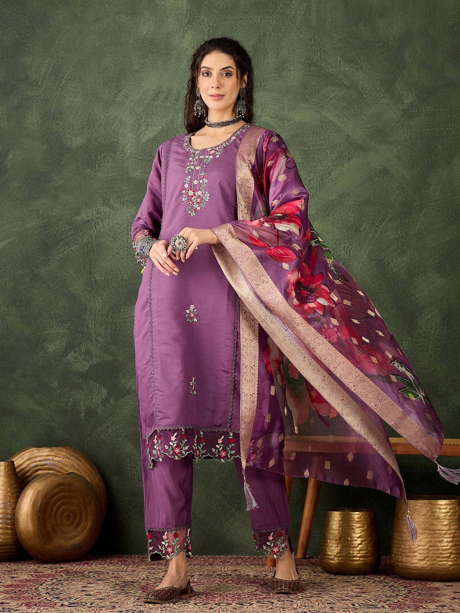 Roop Lavender Solid Silk Blend Straight Suit With Dupatta
