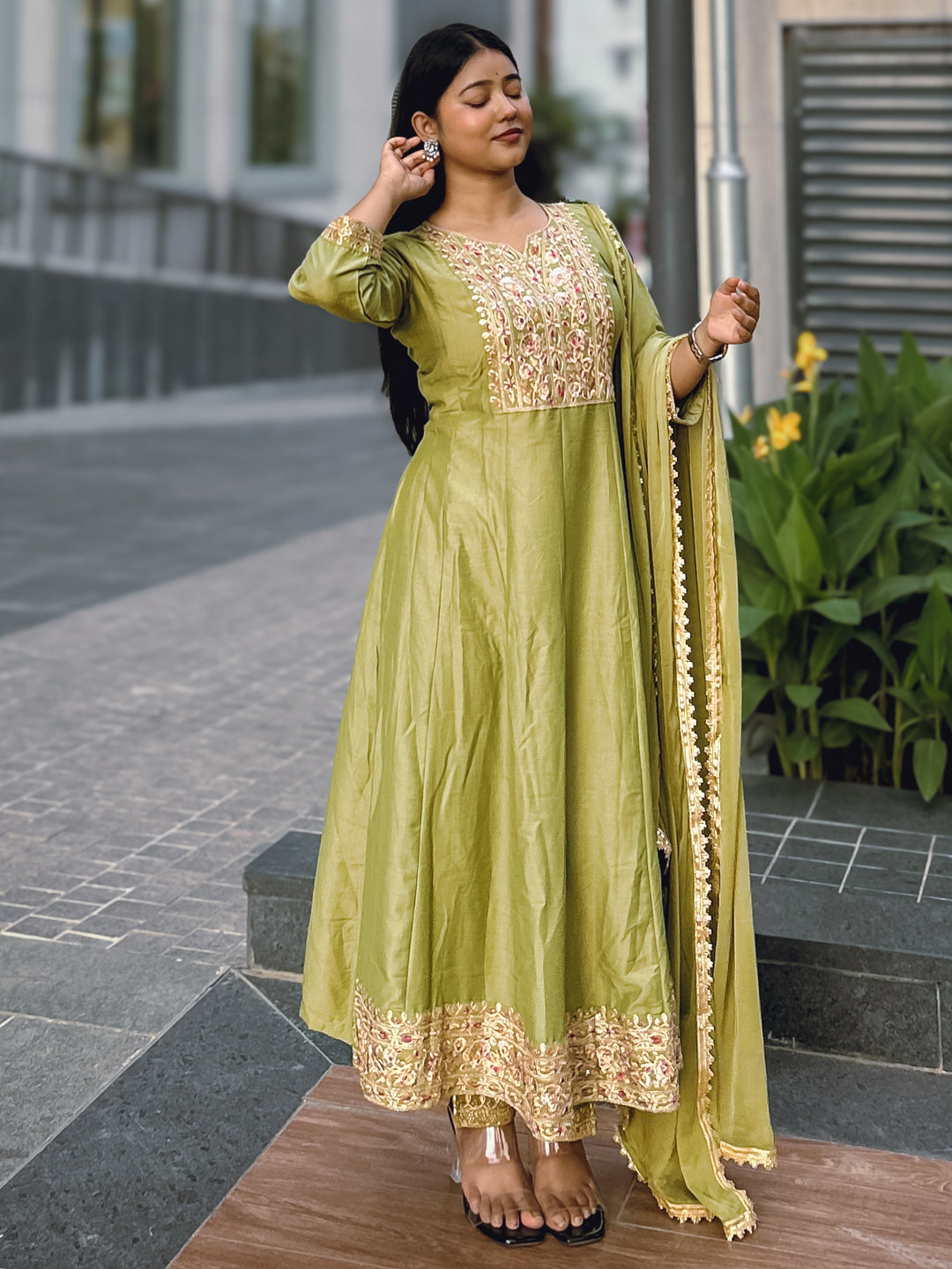 Anushka Mehndi Festive Embroidered Russian Silk Mehndi Anarkali Set