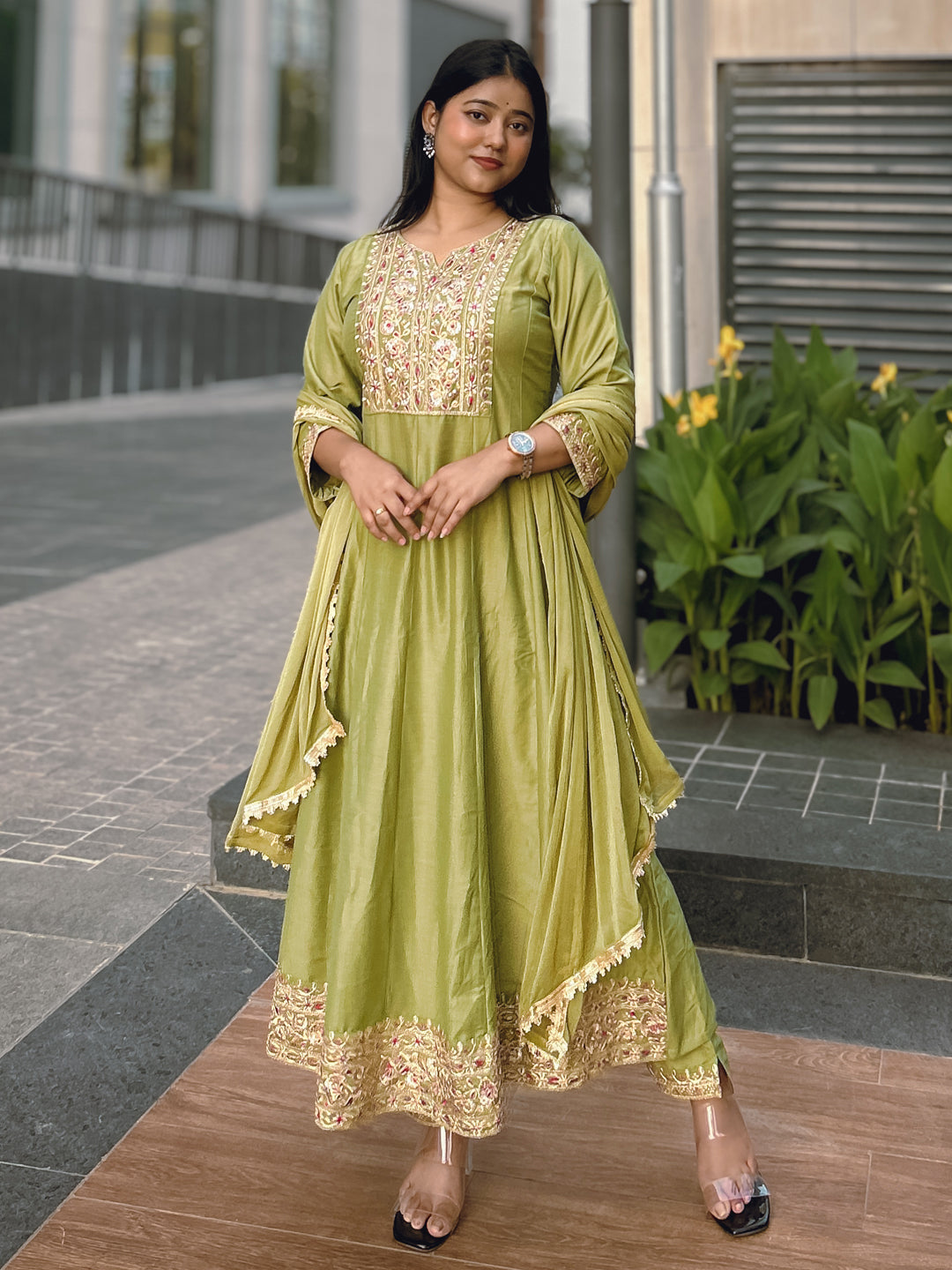 Anushka Mehndi Festive Embroidered Russian Silk Mehndi Anarkali Set