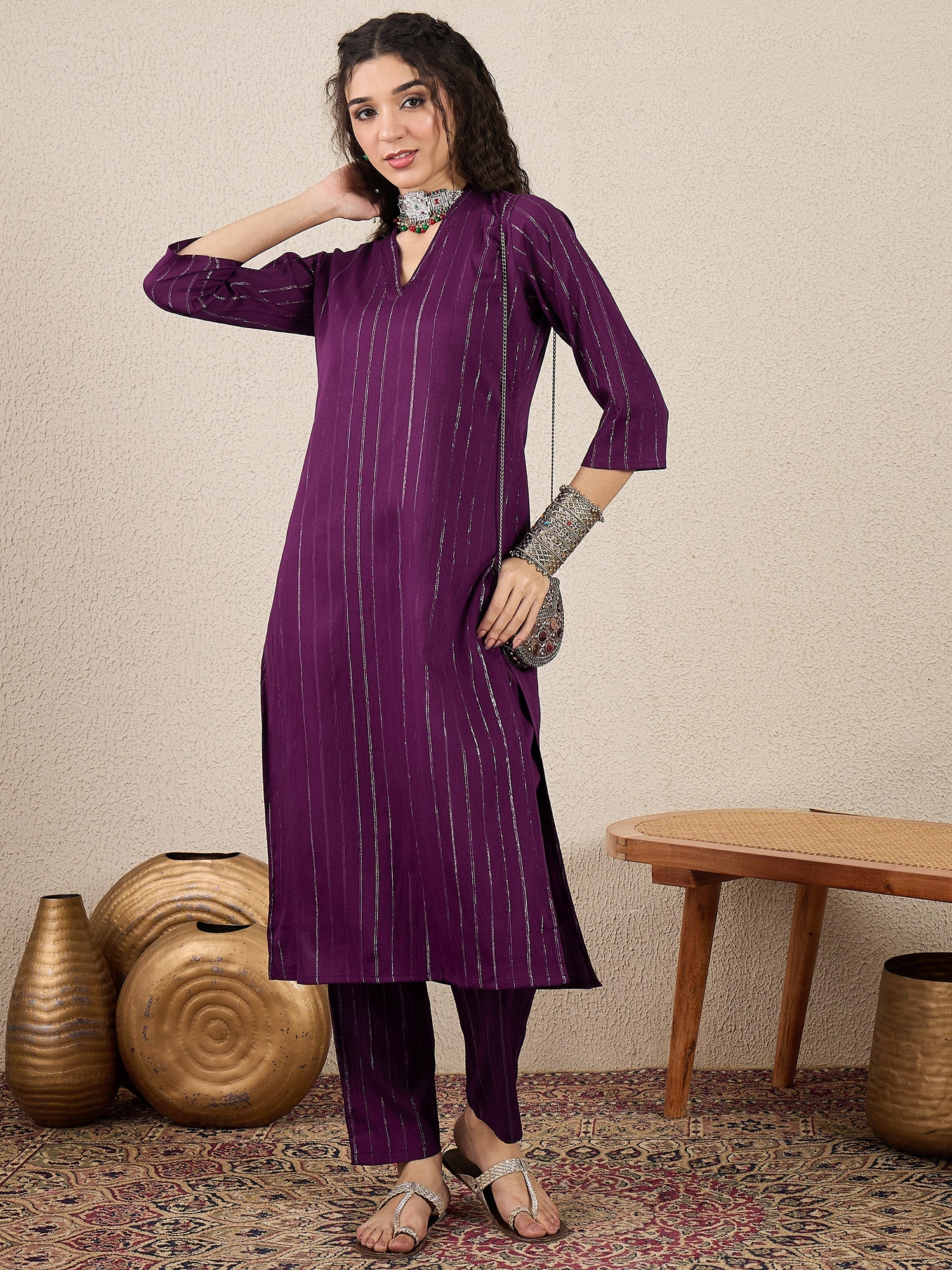 Samara Women's Office, Festive Wear Purple Straight Kurta & Pant, Co-ord Set