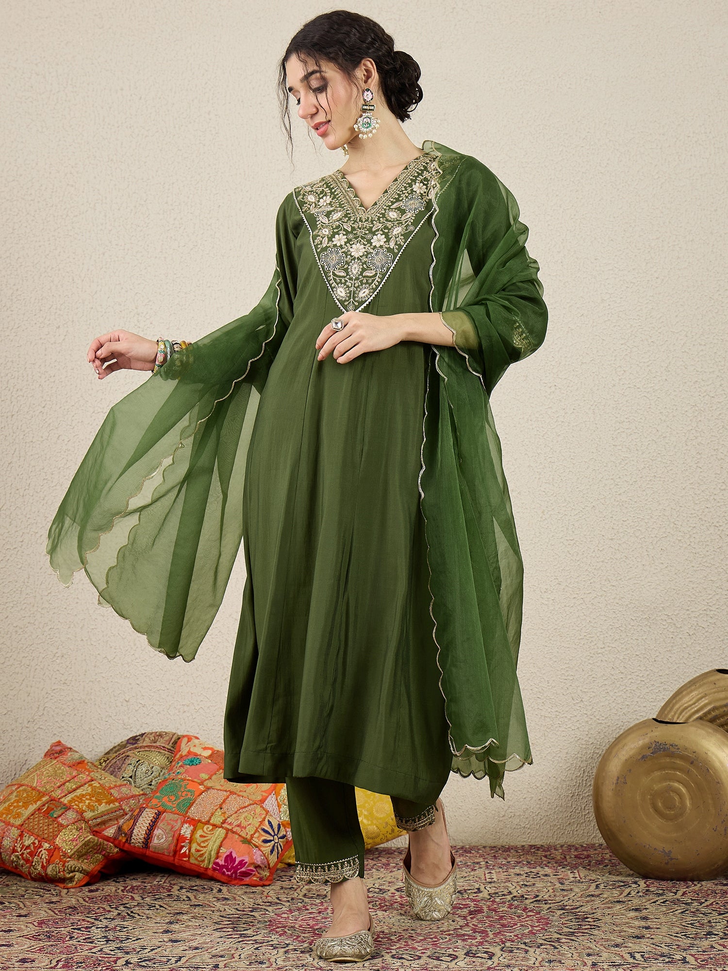 Golden Husk Mehndi Embroidered Silk Blend Anarkali Suit Set With Dupatta