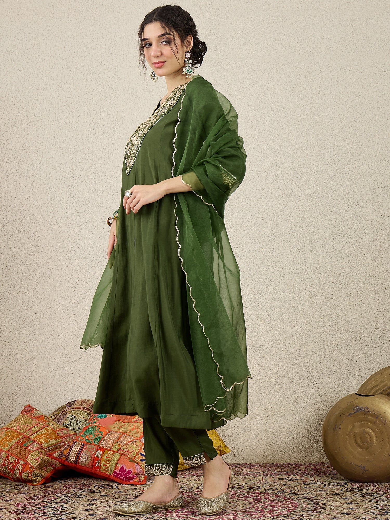 Golden Husk Mehndi Embroidered Silk Blend Anarkali Suit Set With Dupatta