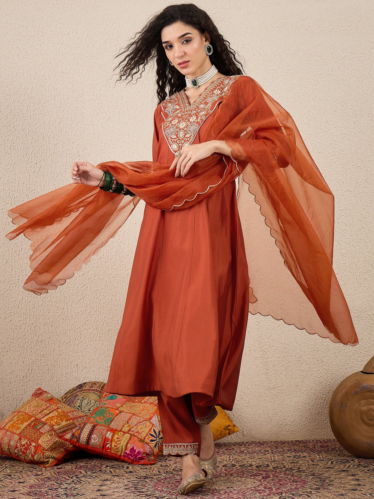 Golden Husk Peach Embroidered Silk Blend Anarkali Suit Set With Dupatta