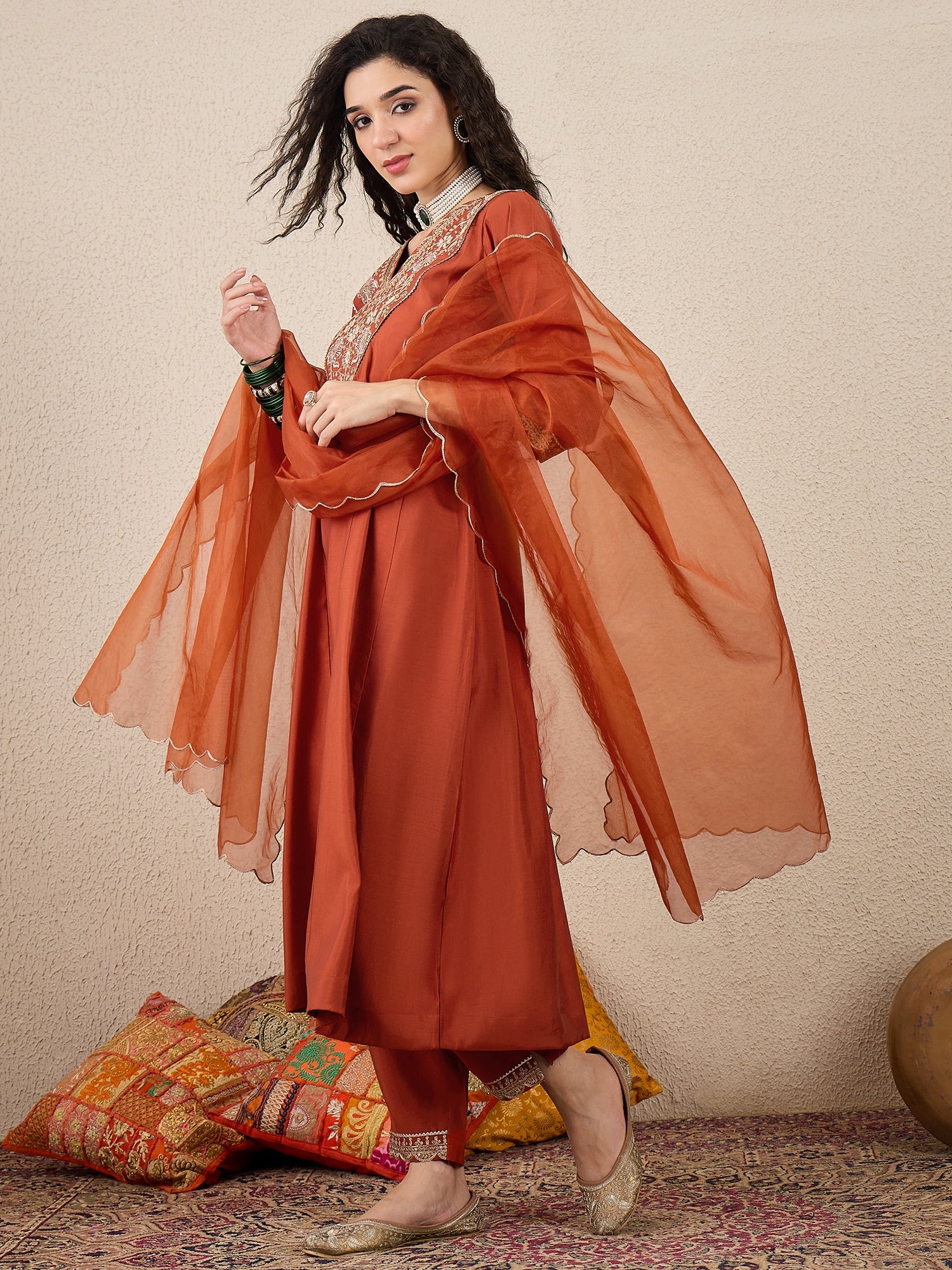 Golden Husk Peach Embroidered Silk Blend Anarkali Suit Set With Dupatta