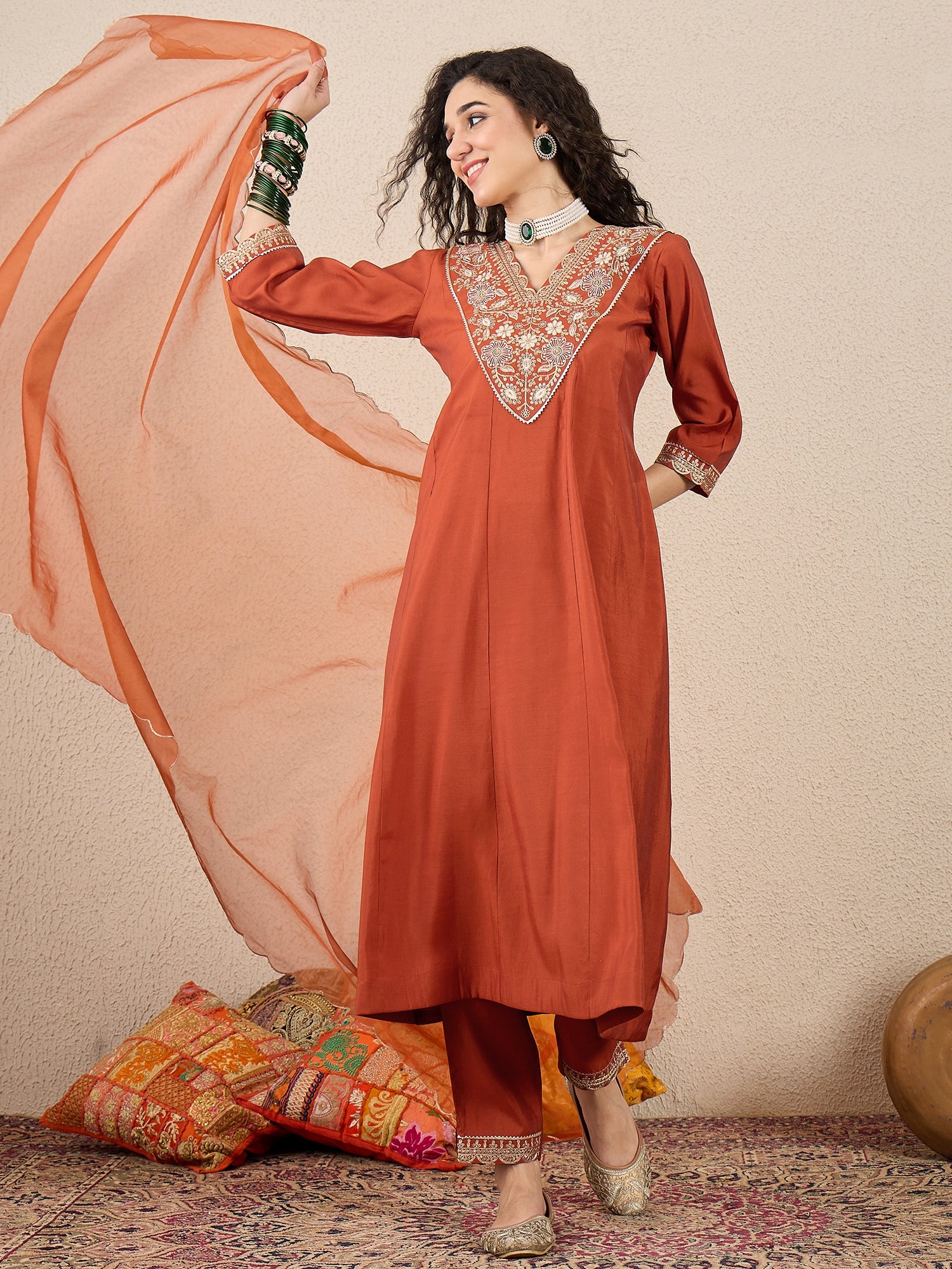 Jayanti Husk Peach Embroidered Silk Blend Anarkali Suit Set With Dupatta