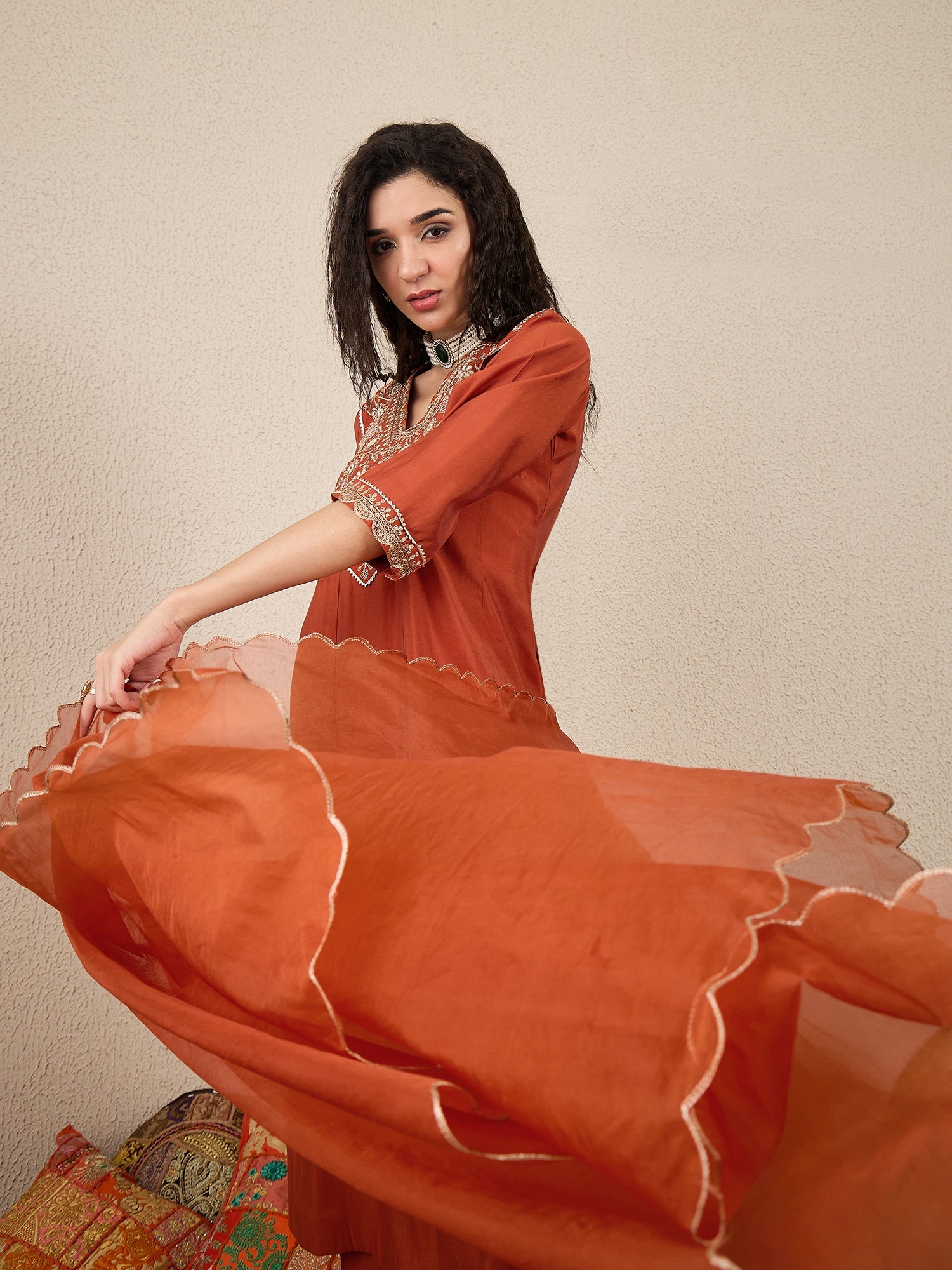 Jayanti Husk Peach Embroidered Silk Blend Anarkali Suit Set With Dupatta