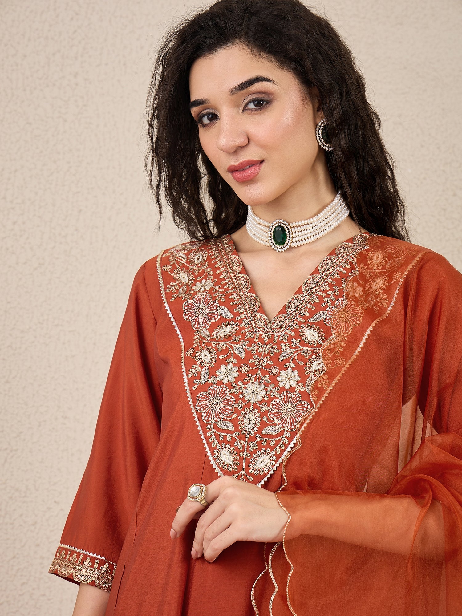 Jayanti Husk Peach Embroidered Silk Blend Anarkali Suit Set With Dupatta