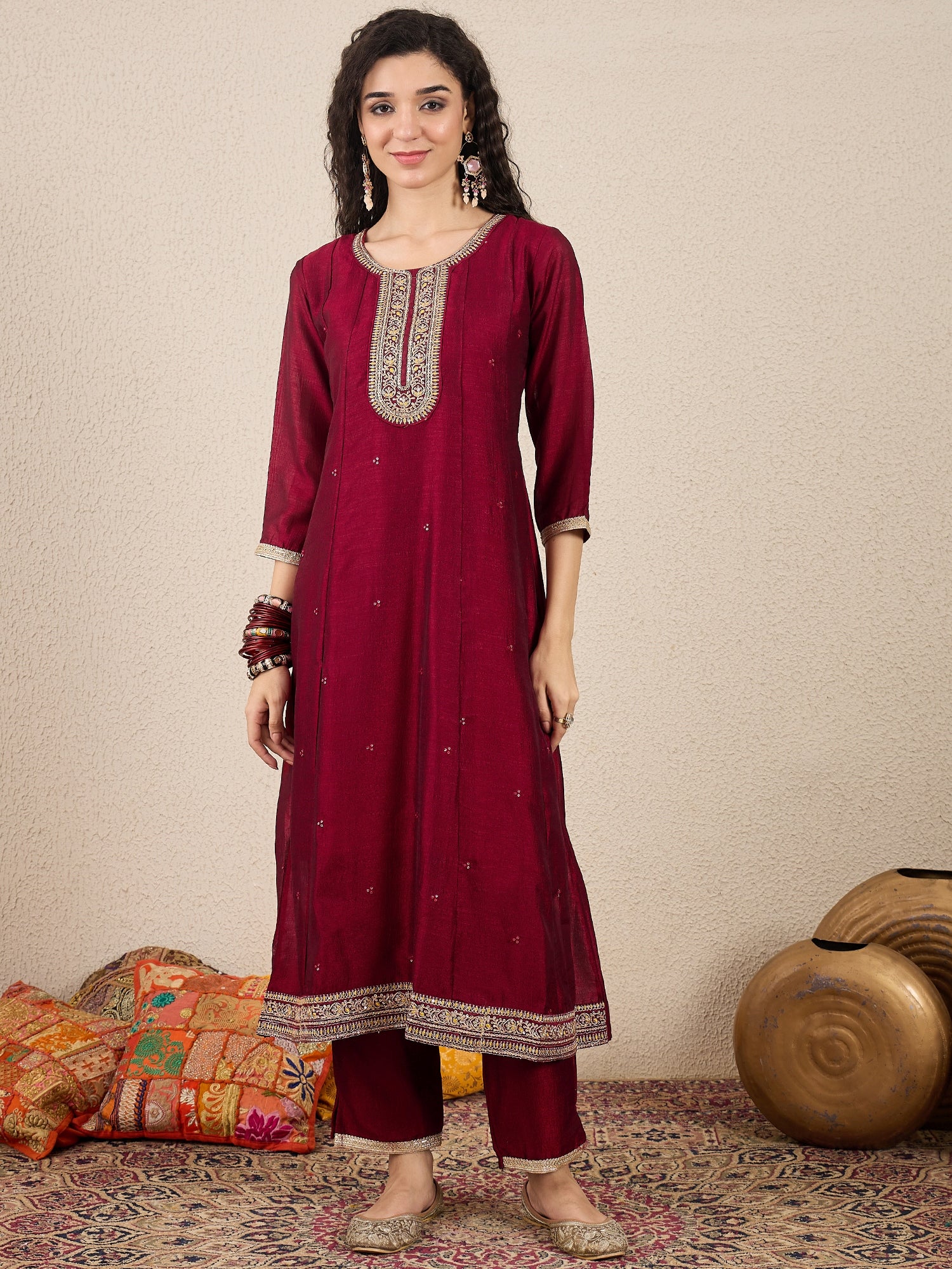 Myra Maroon Silk Blend Embroidered Anarkali Set