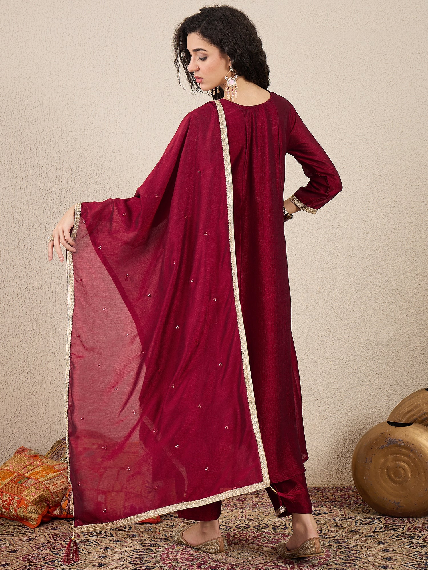 Myra Maroon Silk Blend Embroidered Anarkali Set