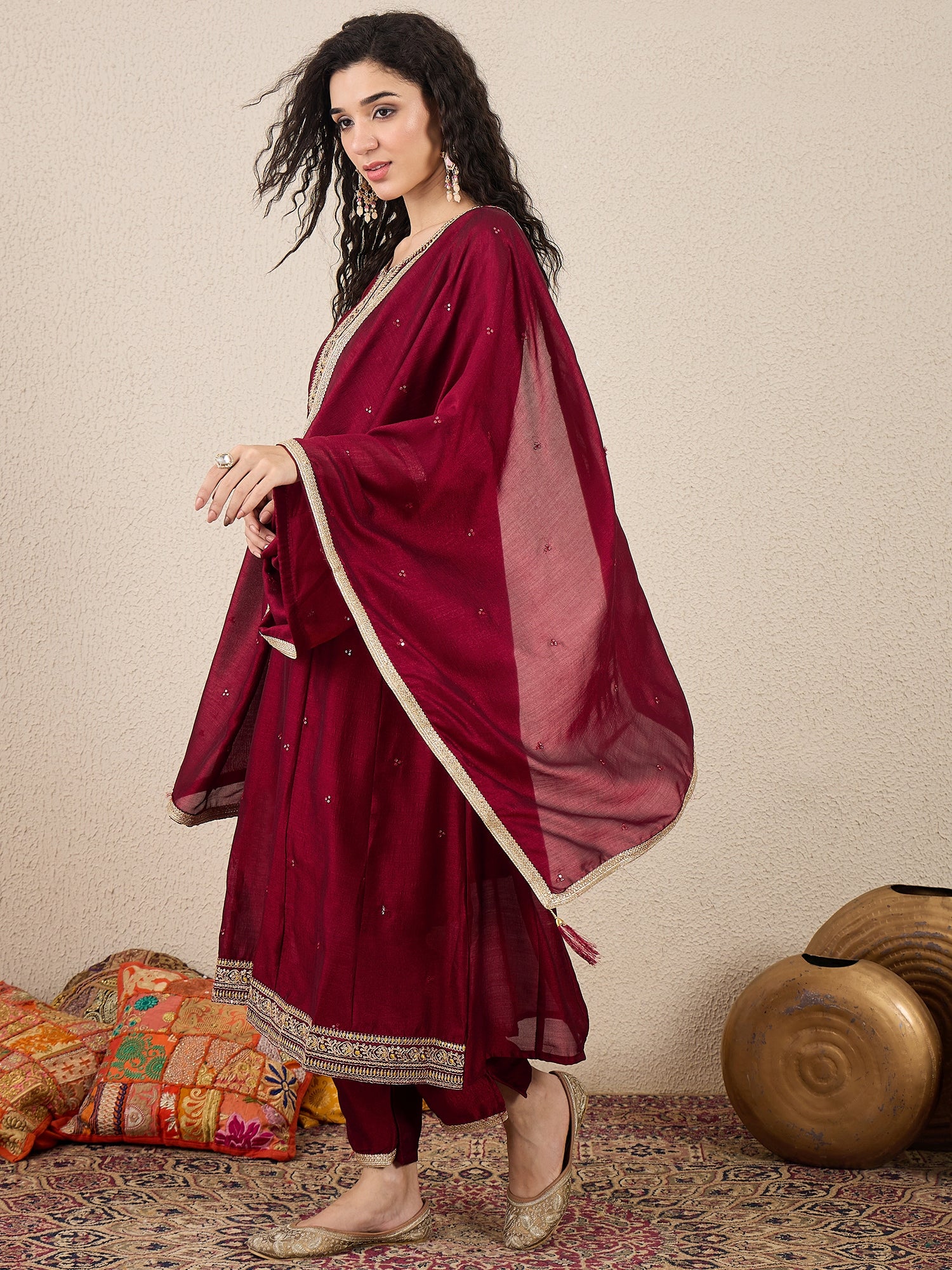 Myra Maroon Silk Blend Embroidered Anarkali Set