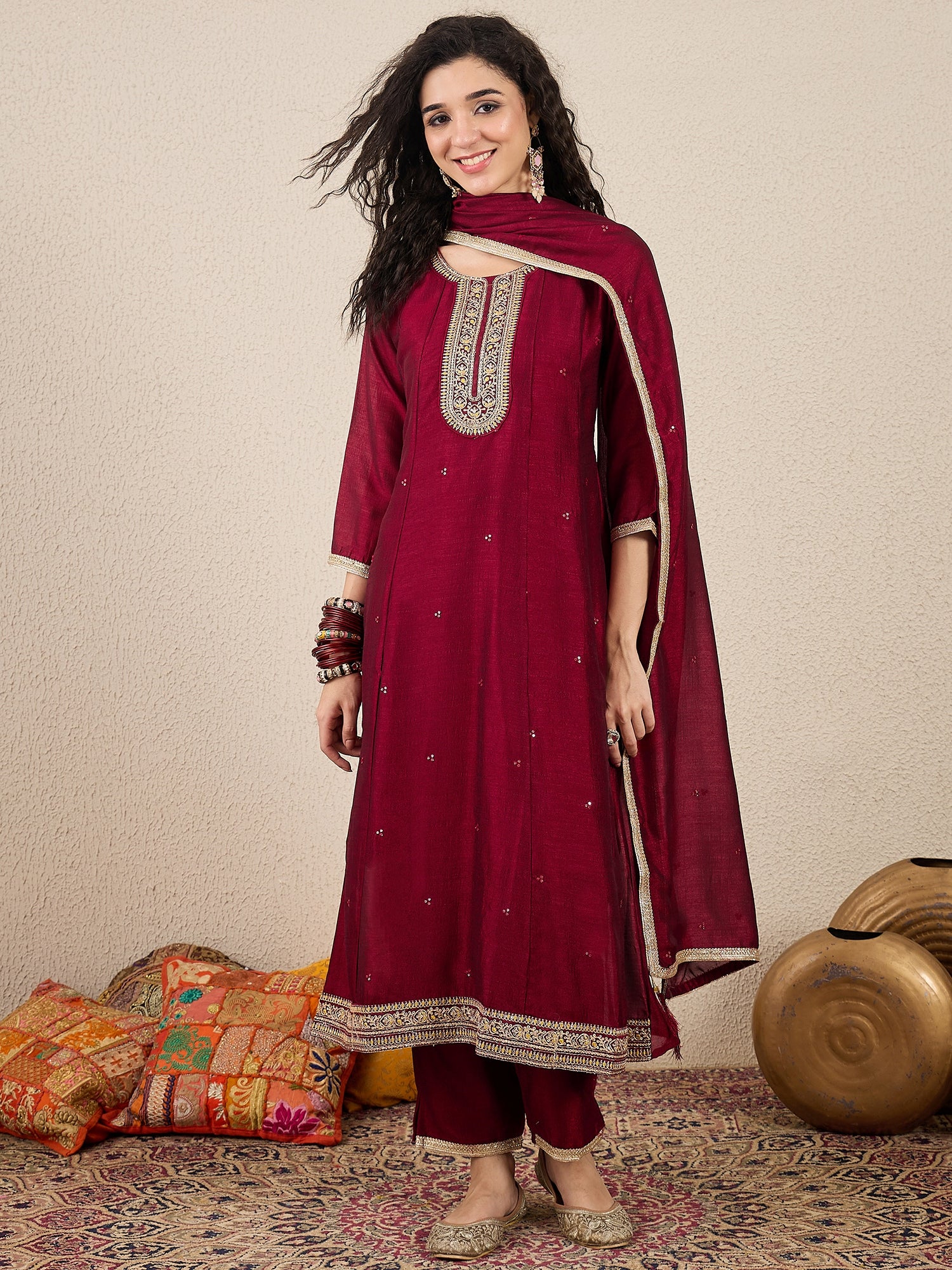 Myra Maroon Silk Blend Embroidered Anarkali Set