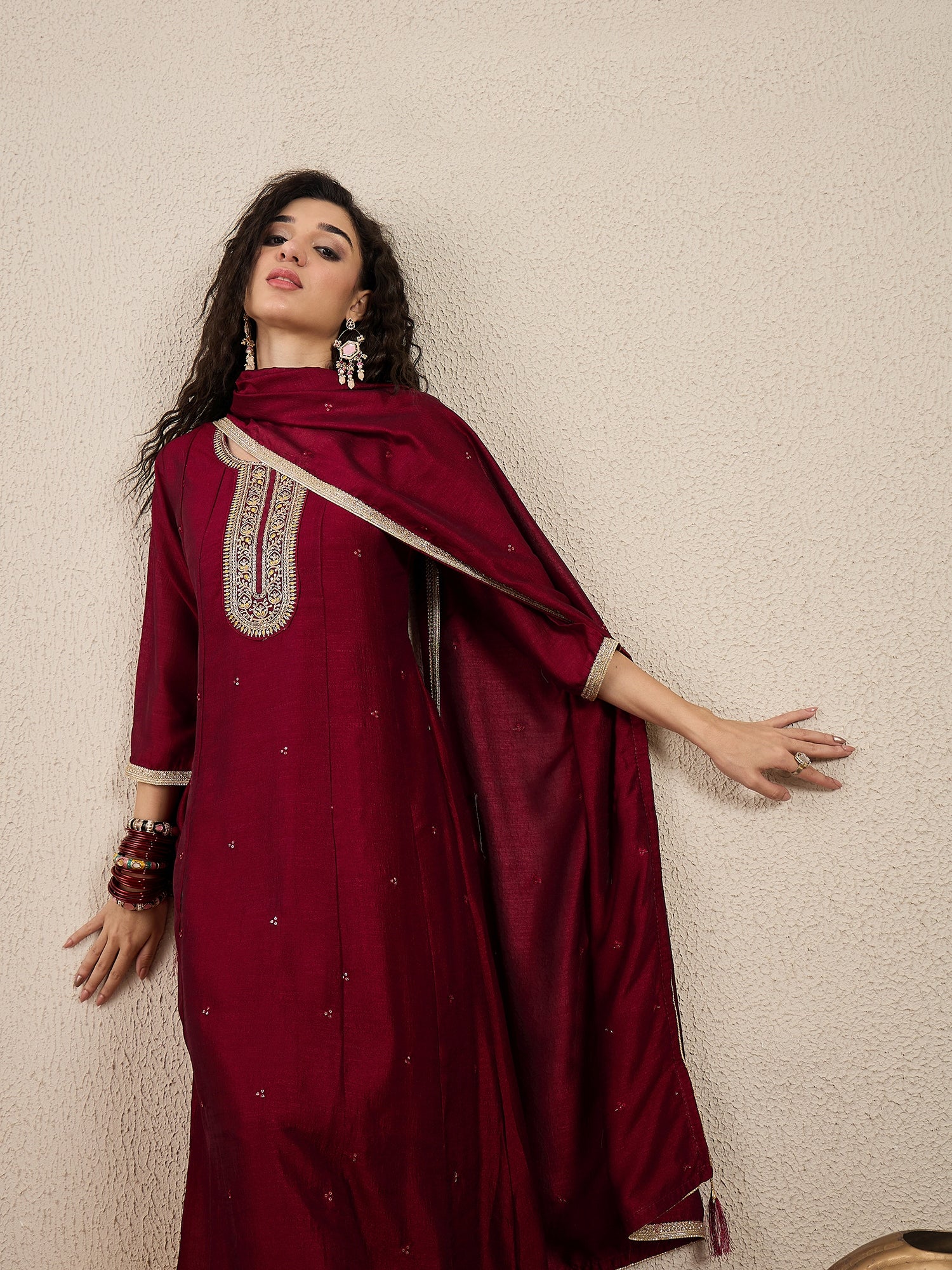 Myra Maroon Silk Blend Embroidered Anarkali Set