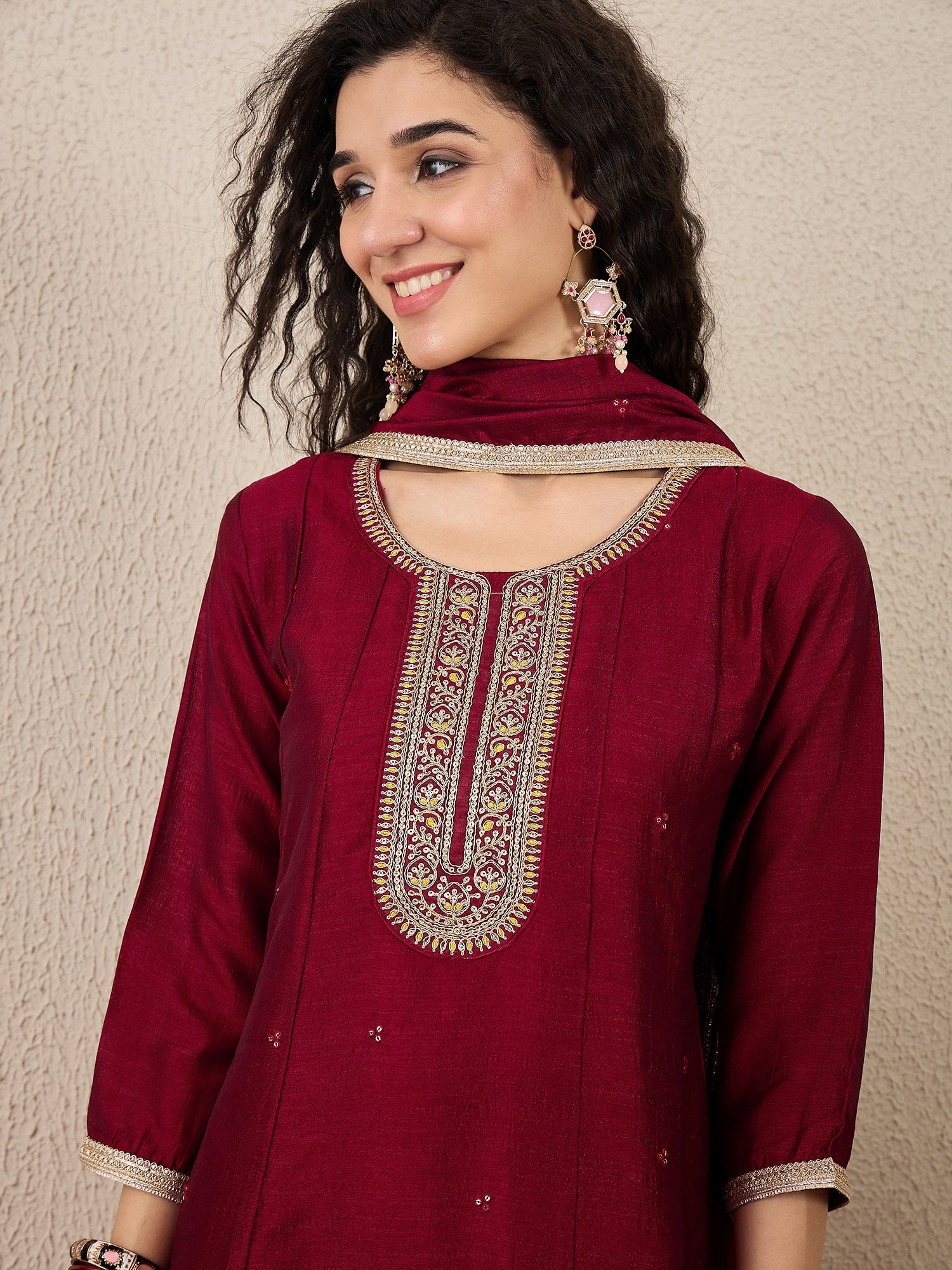 Myra Maroon Silk Blend Embroidered Anarkali Set