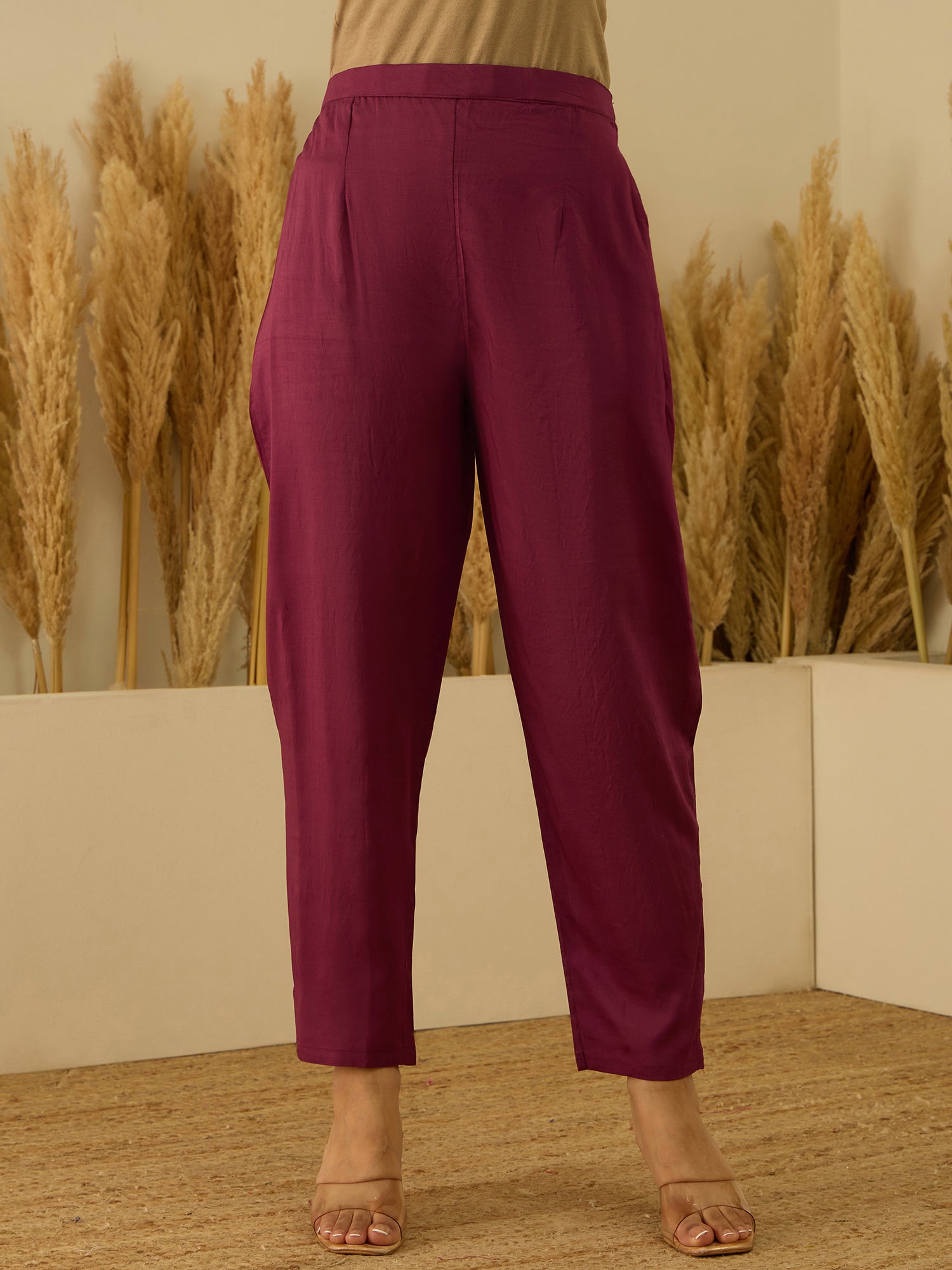 VredeVogel Maroon Silk Blend Embroidered Straight Kurta Set with Trousers & Dupatta