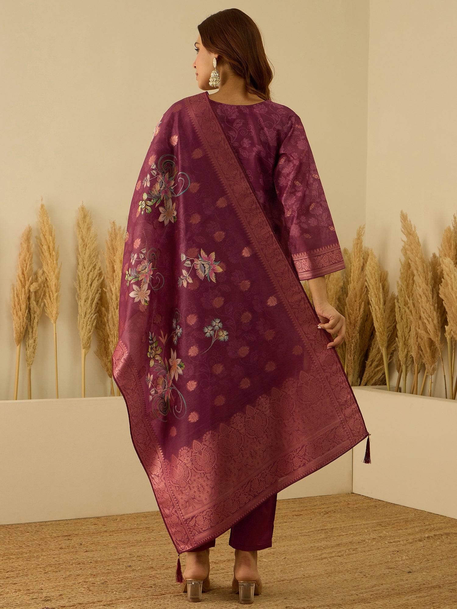 VredeVogel Maroon Silk Blend Embroidered Straight Kurta Set with Trousers & Dupatta