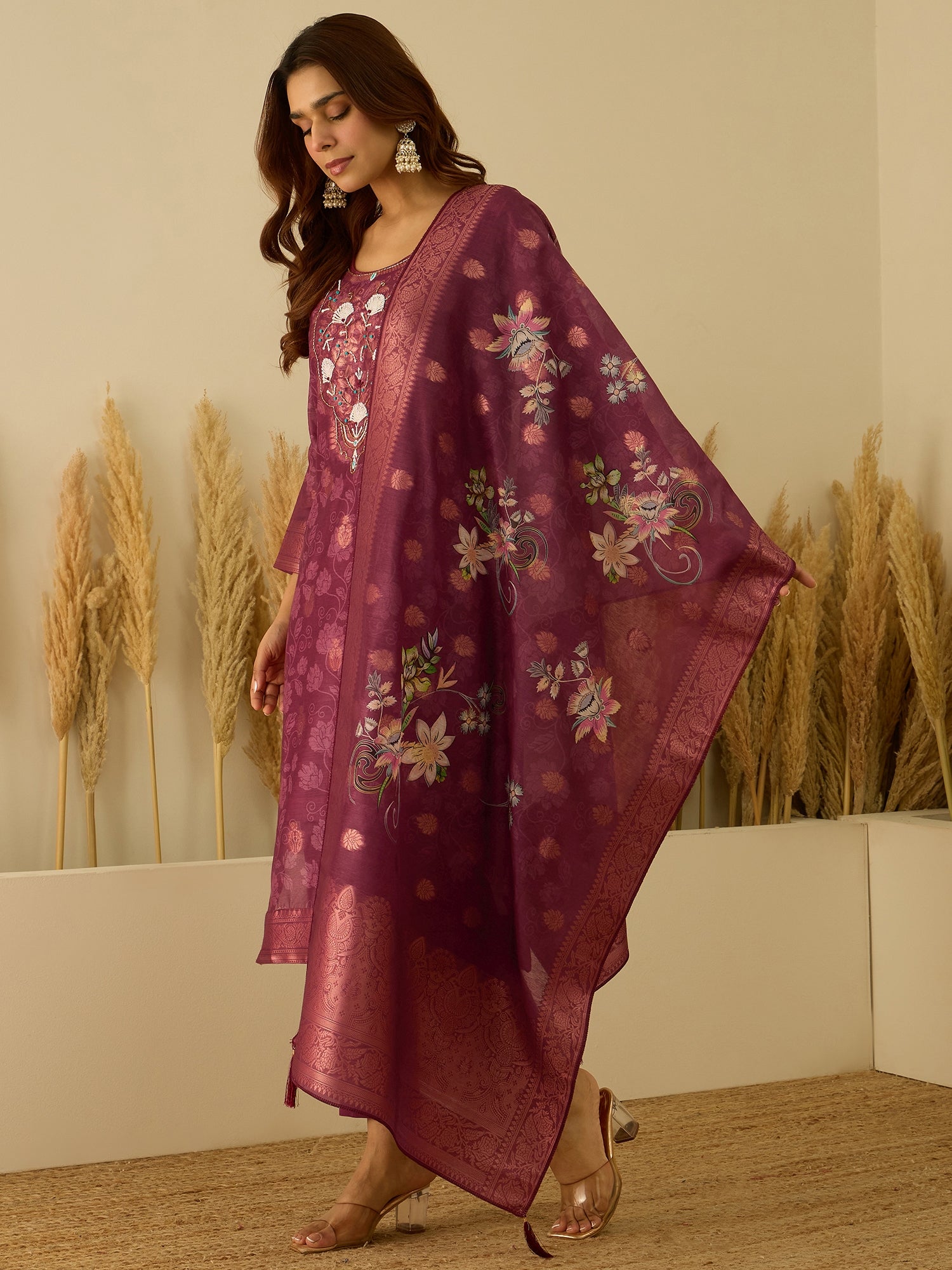 VredeVogel Maroon Silk Blend Embroidered Straight Kurta Set with Trousers & Dupatta