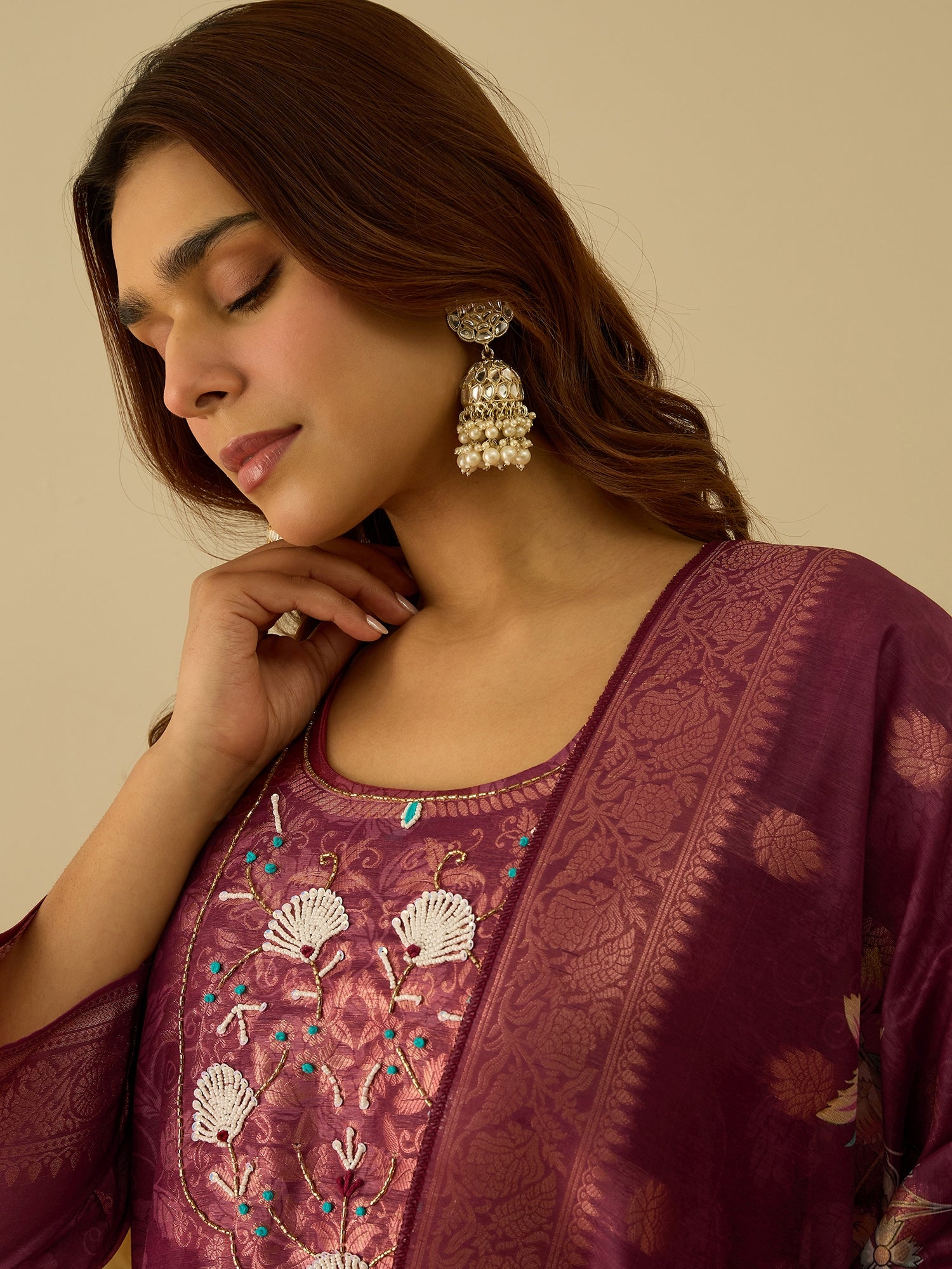 VredeVogel Maroon Silk Blend Embroidered Straight Kurta Set with Trousers & Dupatta