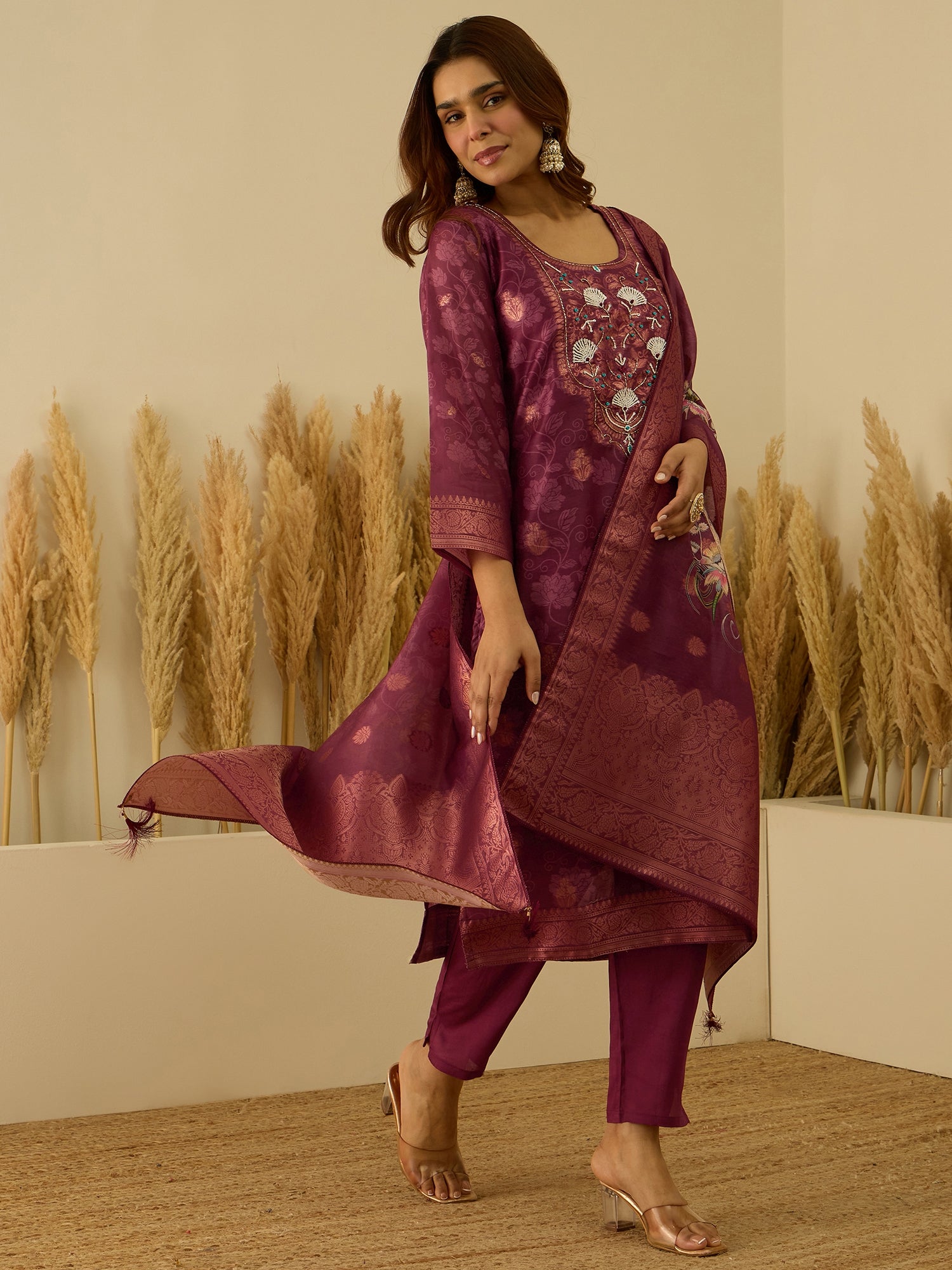 VredeVogel Maroon Silk Blend Embroidered Straight Kurta Set with Trousers & Dupatta