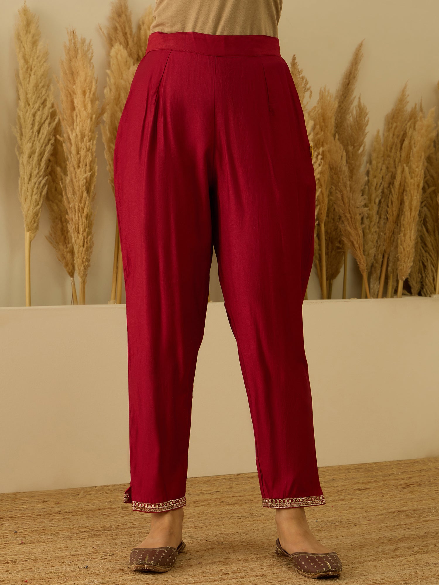 VredeVogel Red Viscose Rayon Embroidered with Sequins Straight Kurta Set with Trousers & Dupatta