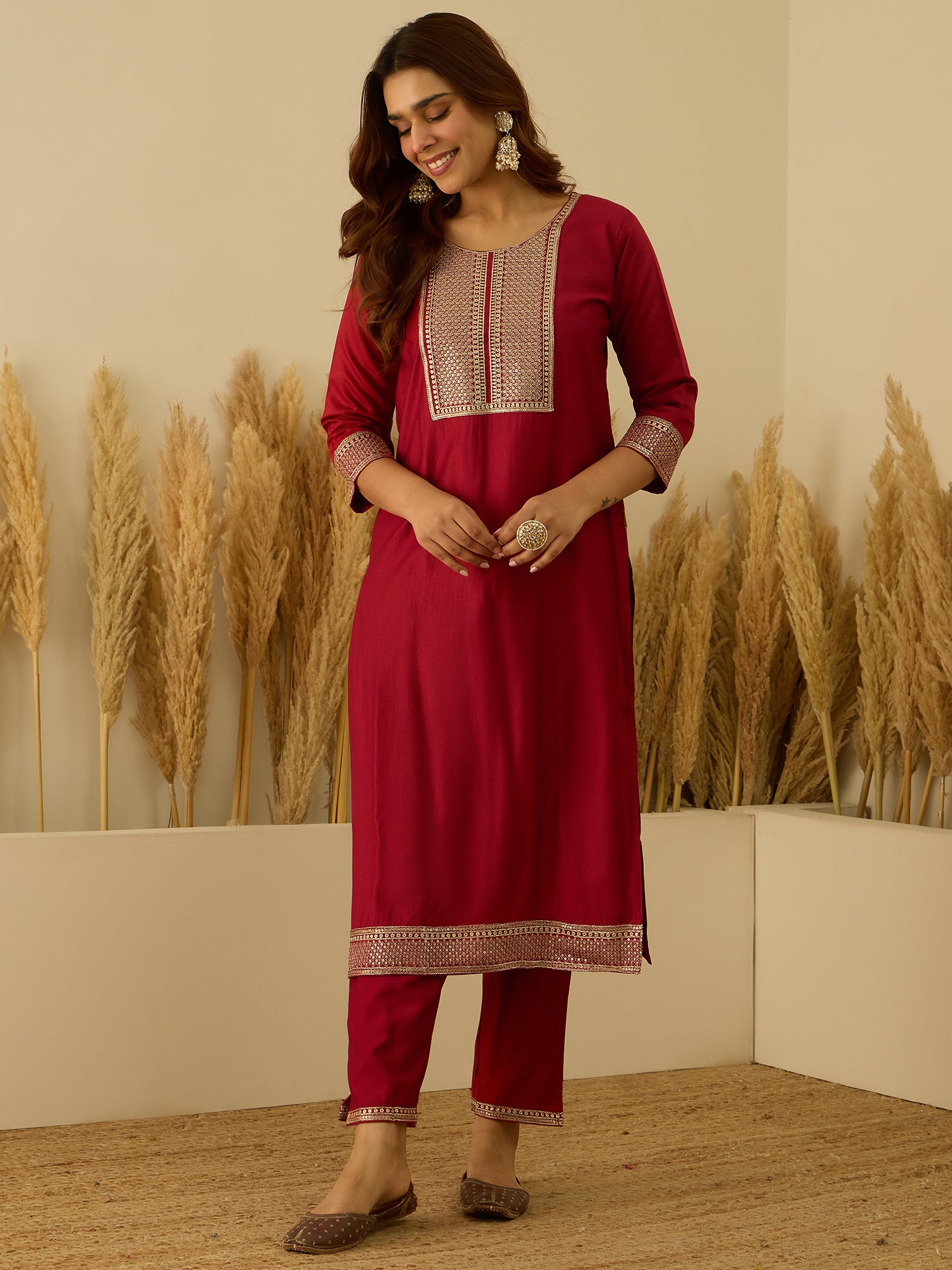 VredeVogel Red Viscose Rayon Embroidered with Sequins Straight Kurta Set with Trousers & Dupatta