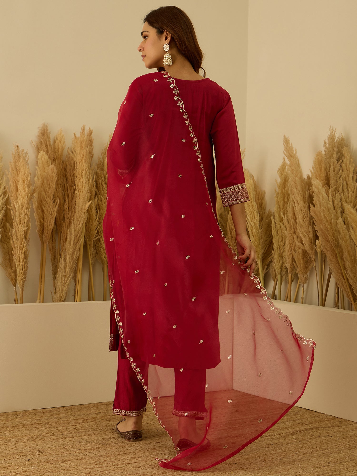 VredeVogel Red Viscose Rayon Embroidered with Sequins Straight Kurta Set with Trousers & Dupatta