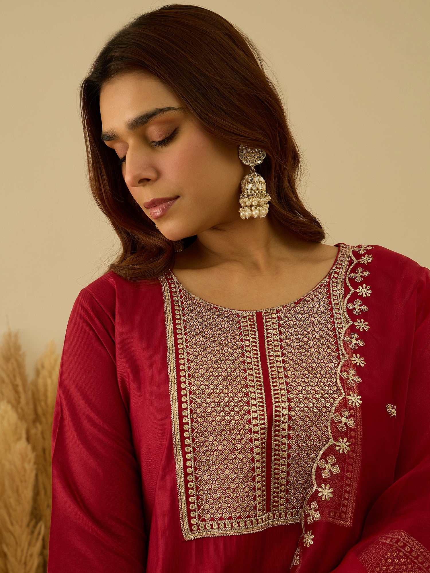 VredeVogel Red Viscose Rayon Embroidered with Sequins Straight Kurta Set with Trousers & Dupatta