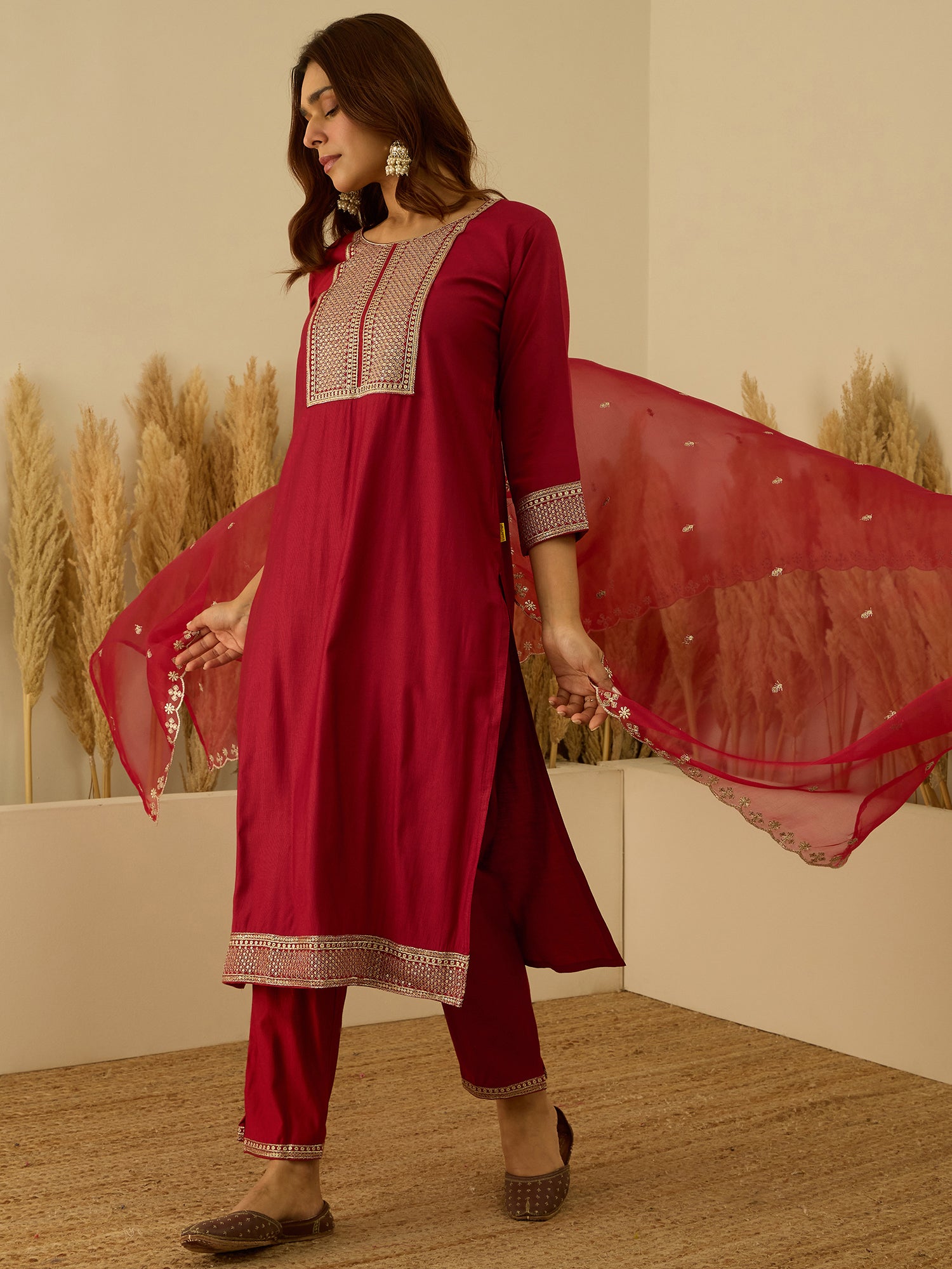 VredeVogel Red Viscose Rayon Embroidered with Sequins Straight Kurta Set with Trousers & Dupatta