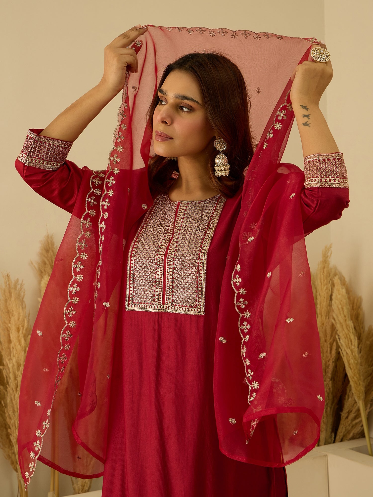 VredeVogel Red Viscose Rayon Embroidered with Sequins Straight Kurta Set with Trousers & Dupatta