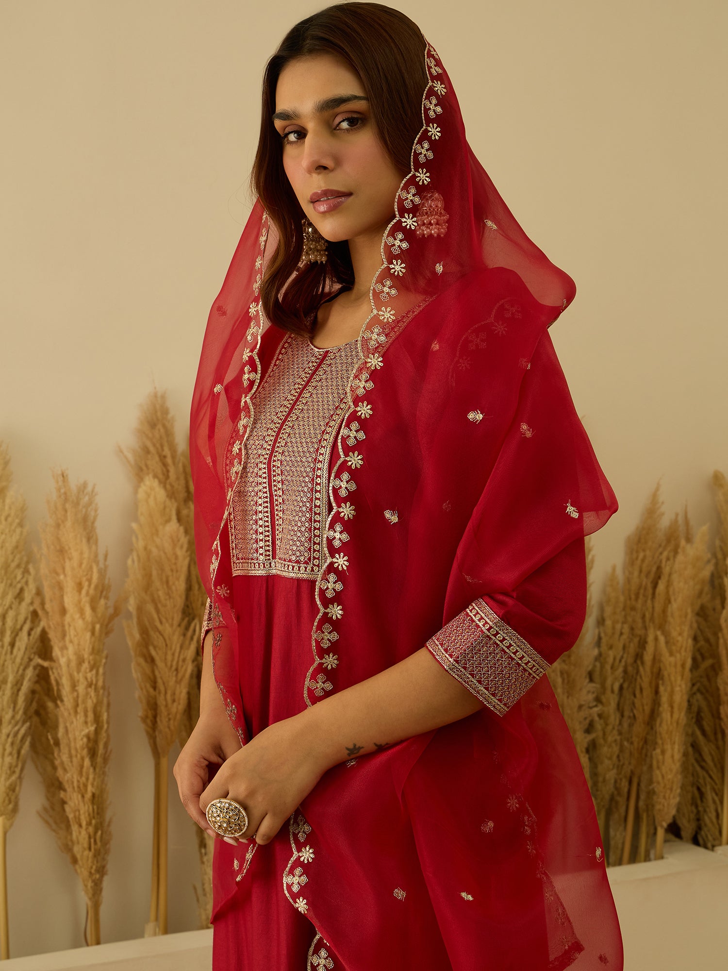 VredeVogel Red Viscose Rayon Embroidered with Sequins Straight Kurta Set with Trousers & Dupatta