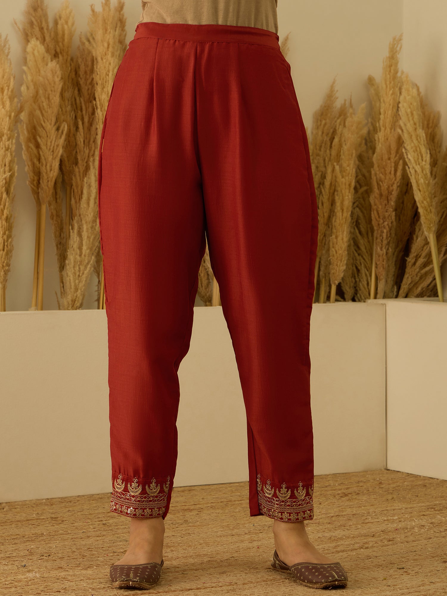 Eira Peach Women Kurta and Pant Dupatta Sets Silk Blend Fabrics with Embroidery Handwork