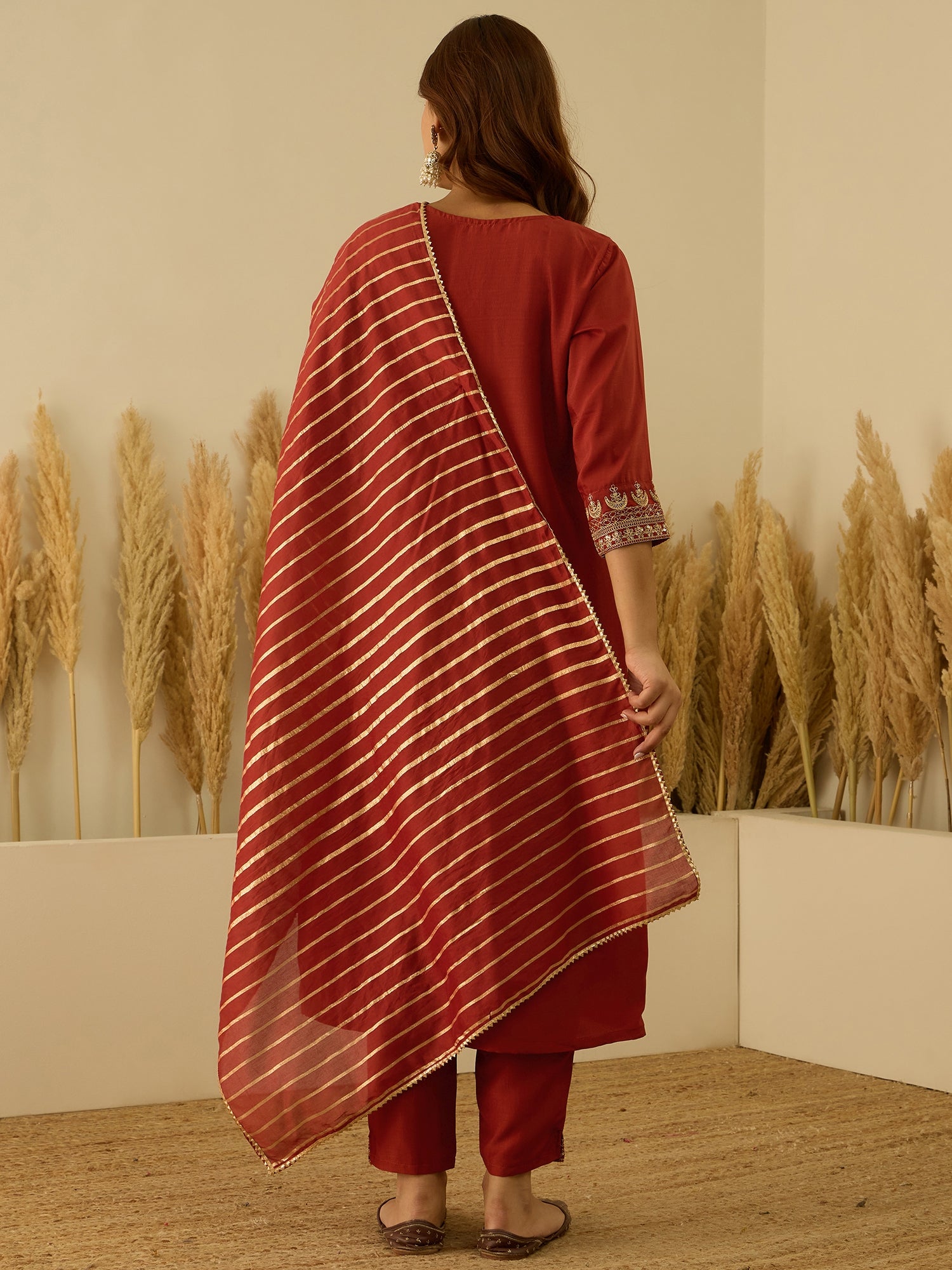 Eira Peach Women Kurta and Pant Dupatta Sets Silk Blend Fabrics with Embroidery Handwork