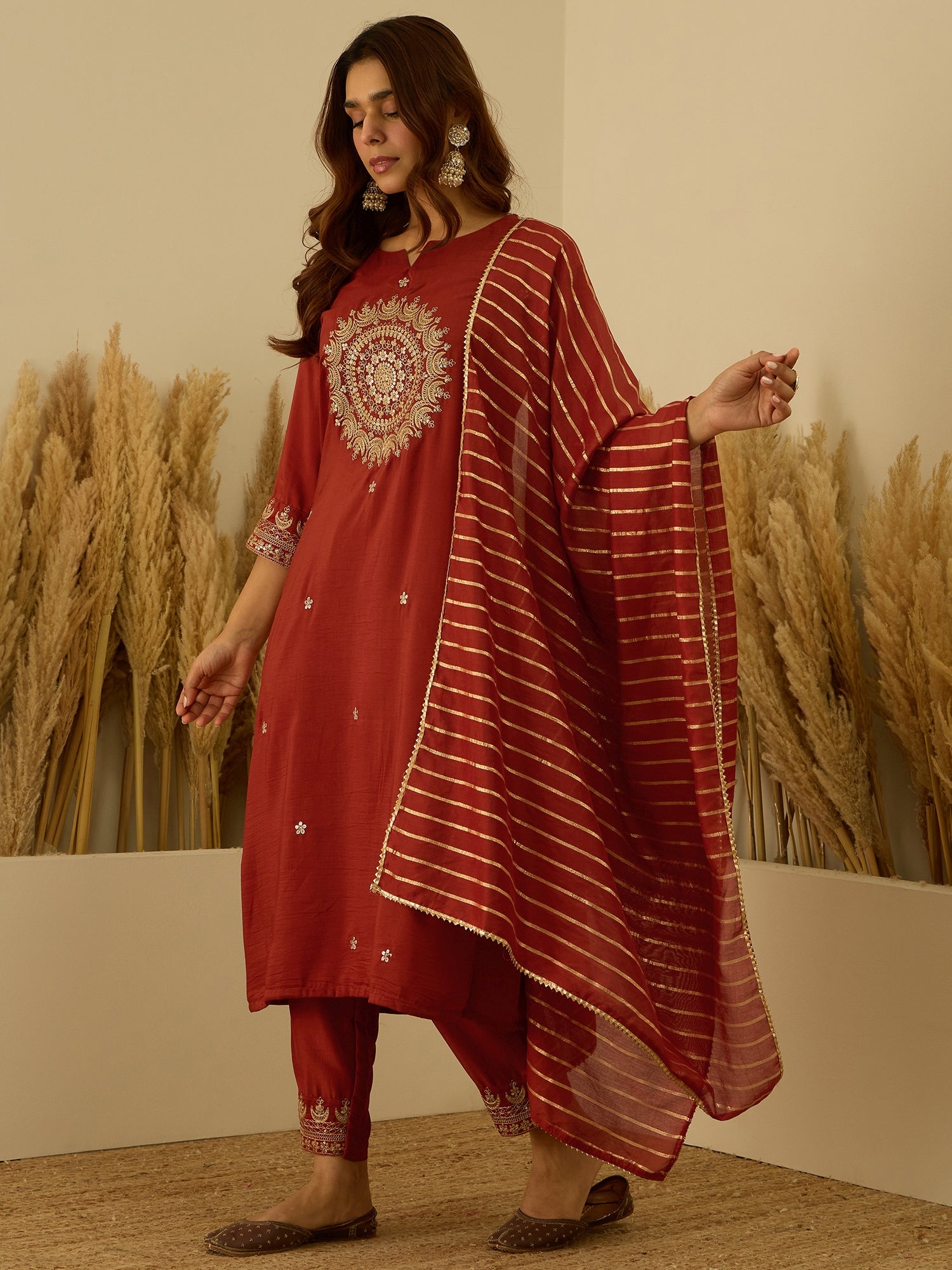 Eira Peach Women Kurta and Pant Dupatta Sets Silk Blend Fabrics with Embroidery Handwork