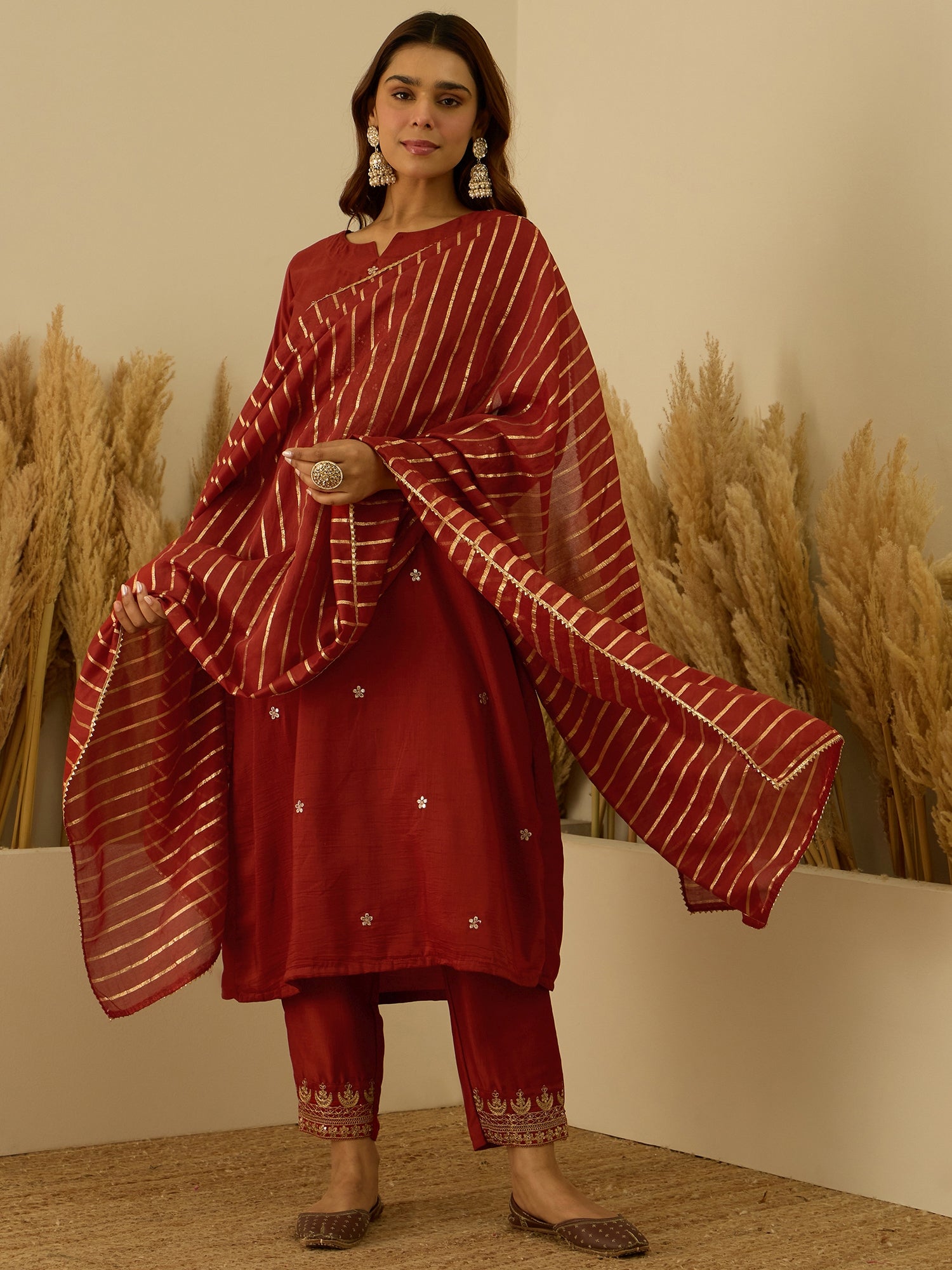 Eira Peach Women Kurta and Pant Dupatta Sets Silk Blend Fabrics with Embroidery Handwork