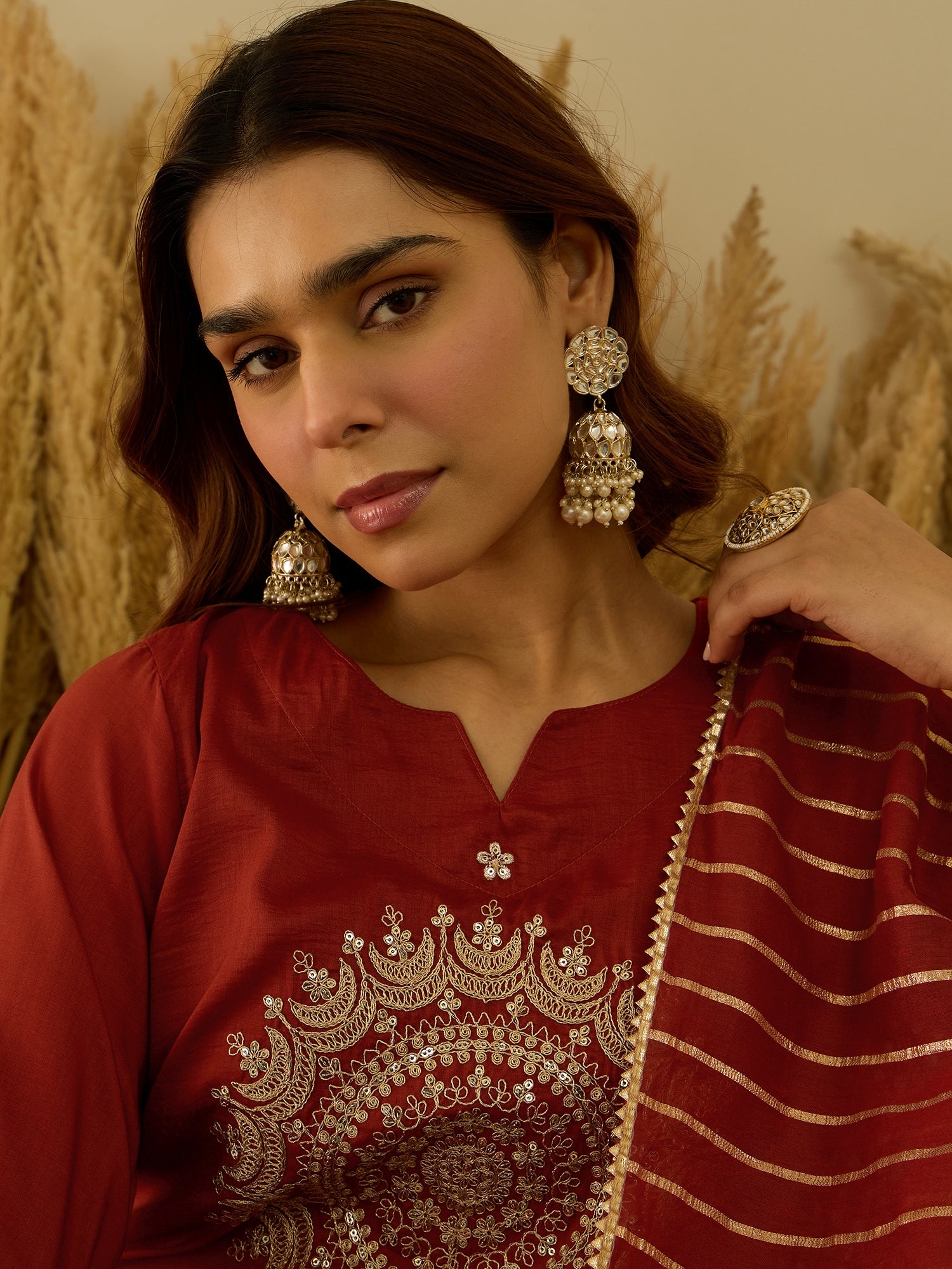 Eira Peach Women Kurta and Pant Dupatta Sets Silk Blend Fabrics with Embroidery Handwork