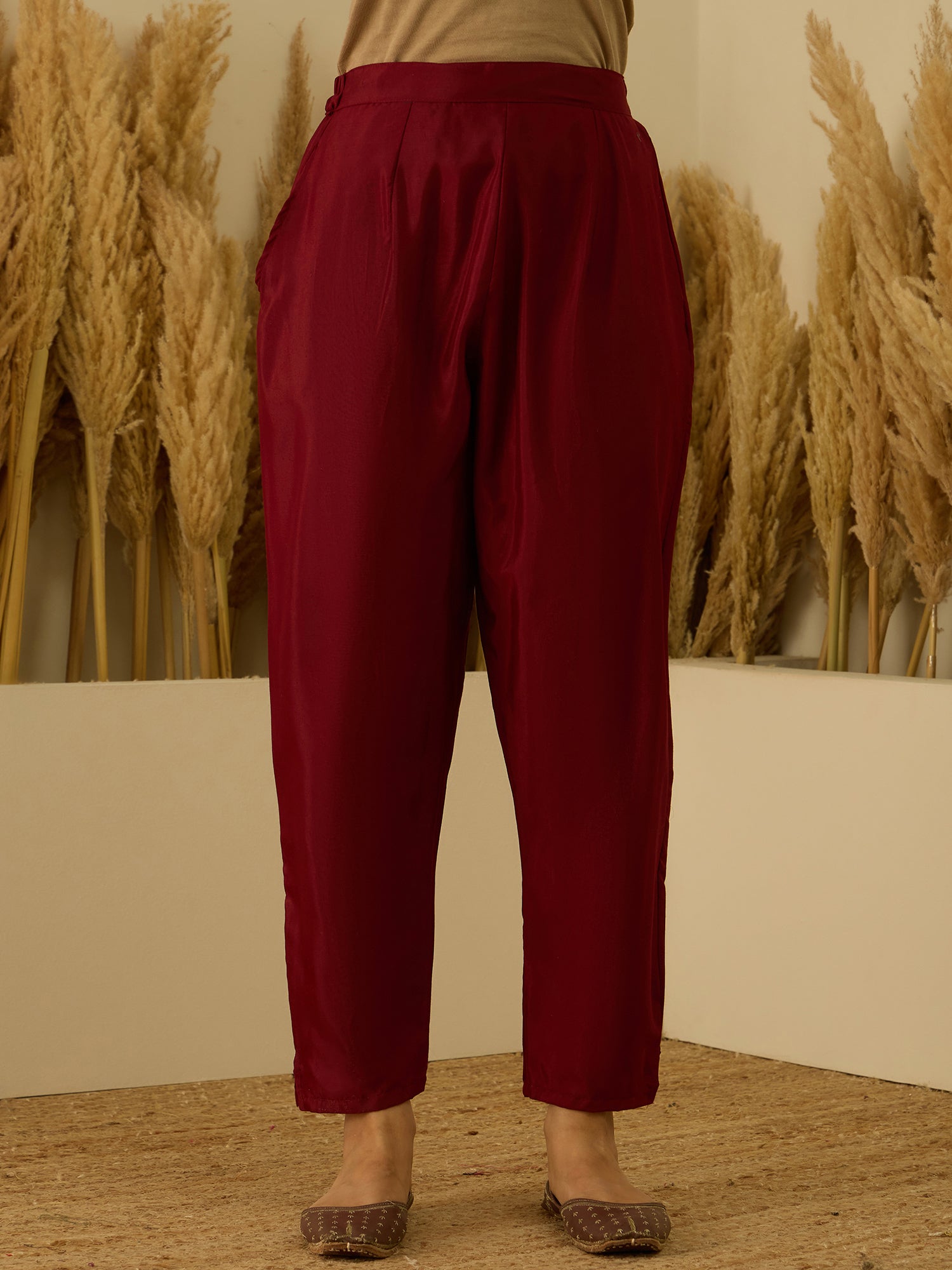 Aarambh Red Women's Silk Blend Banarasi Jacquard Zari Woven Straight Kurta Pant with Dupatta Set