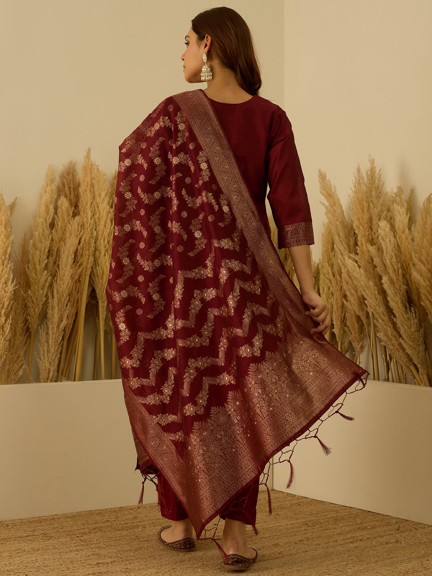 Aarambh Red Women's Silk Blend Banarasi Jacquard Zari Woven Straight Kurta Pant with Dupatta Set