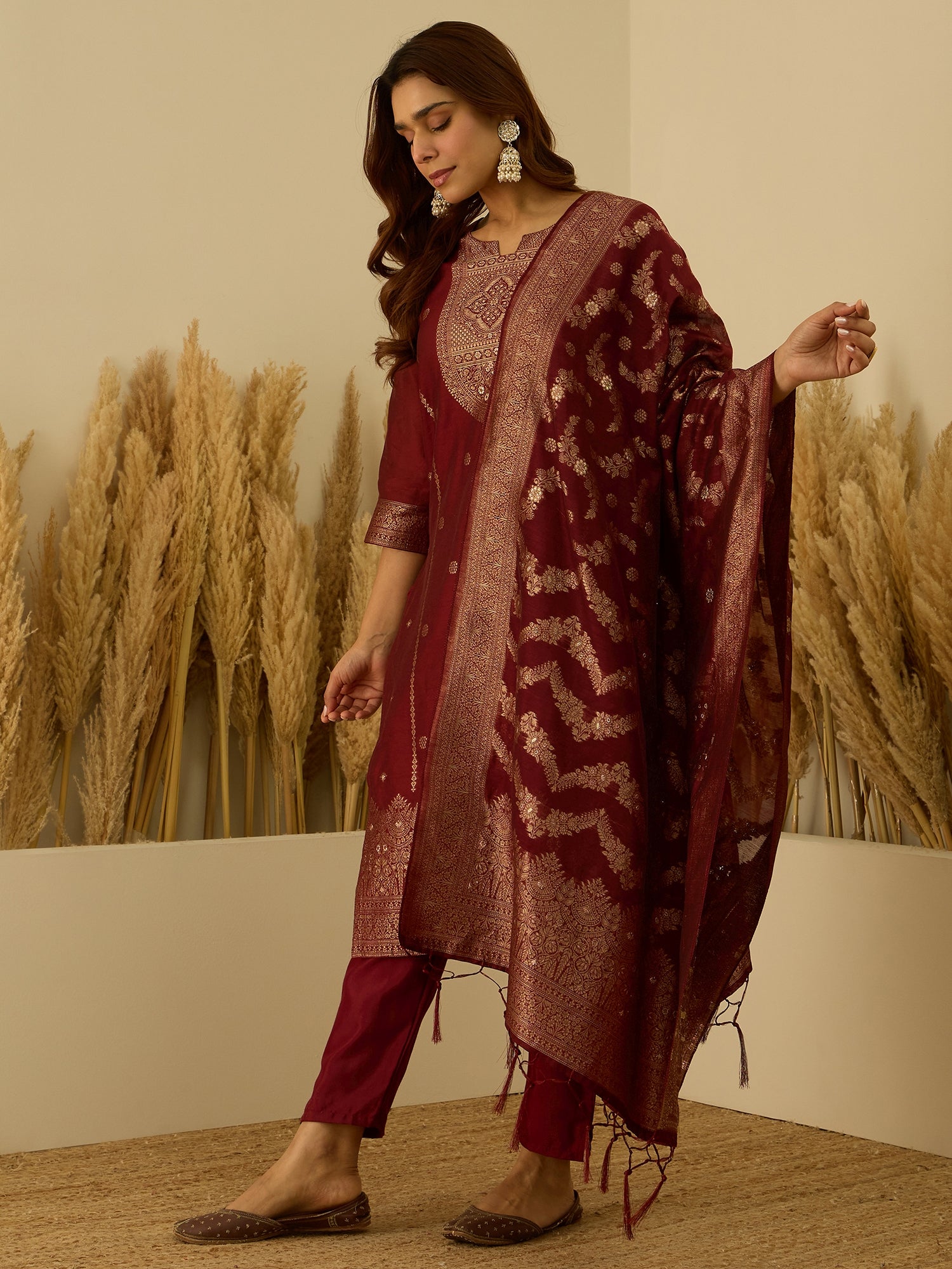 Aarambh Red Women's Silk Blend Banarasi Jacquard Zari Woven Straight Kurta Pant with Dupatta Set