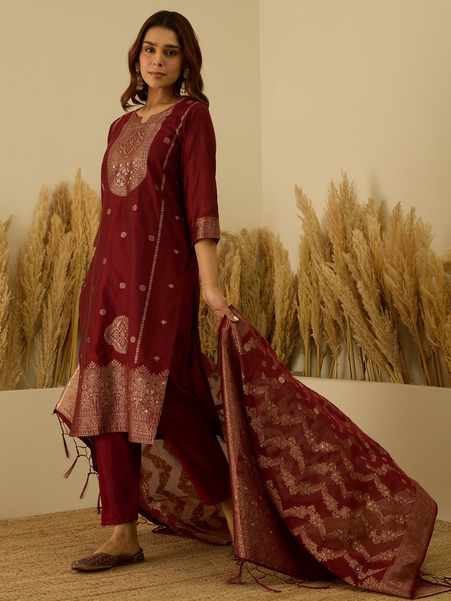 Aarambh Red Women's Silk Blend Banarasi Jacquard Zari Woven Straight Kurta Pant with Dupatta Set