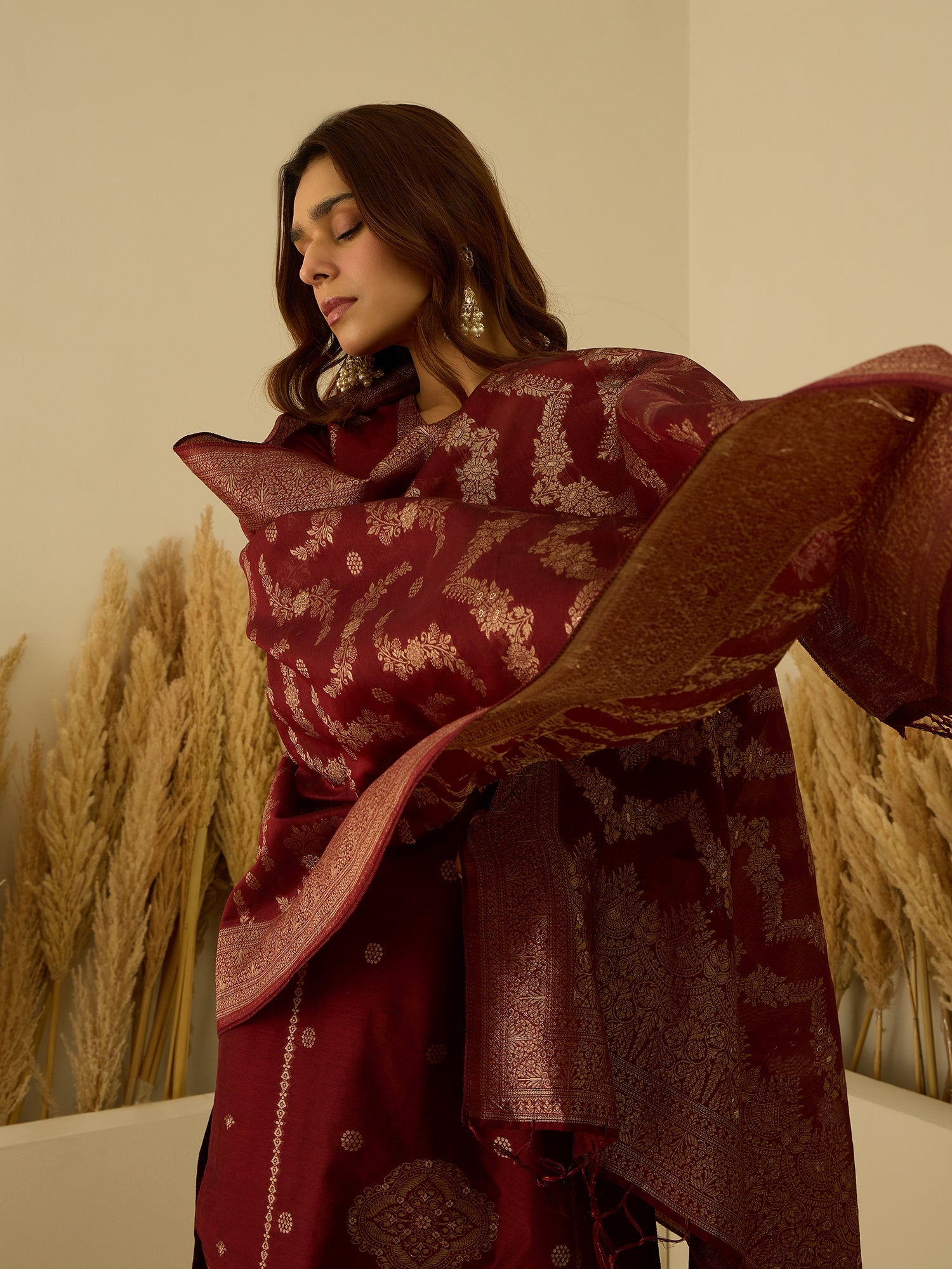 Aarambh Red Women's Silk Blend Banarasi Jacquard Zari Woven Straight Kurta Pant with Dupatta Set