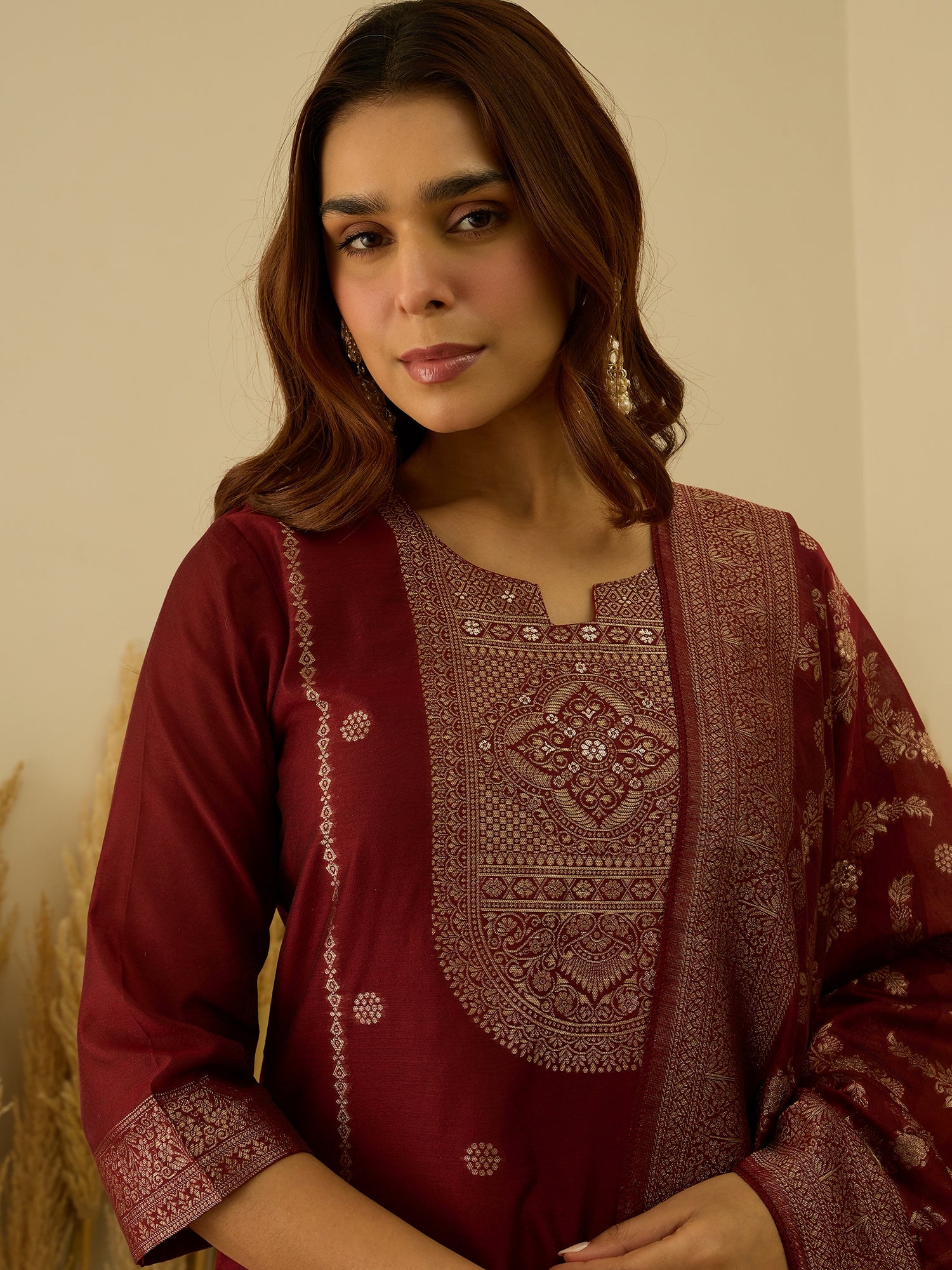 Aarambh Red Women's Silk Blend Banarasi Jacquard Zari Woven Straight Kurta Pant with Dupatta Set