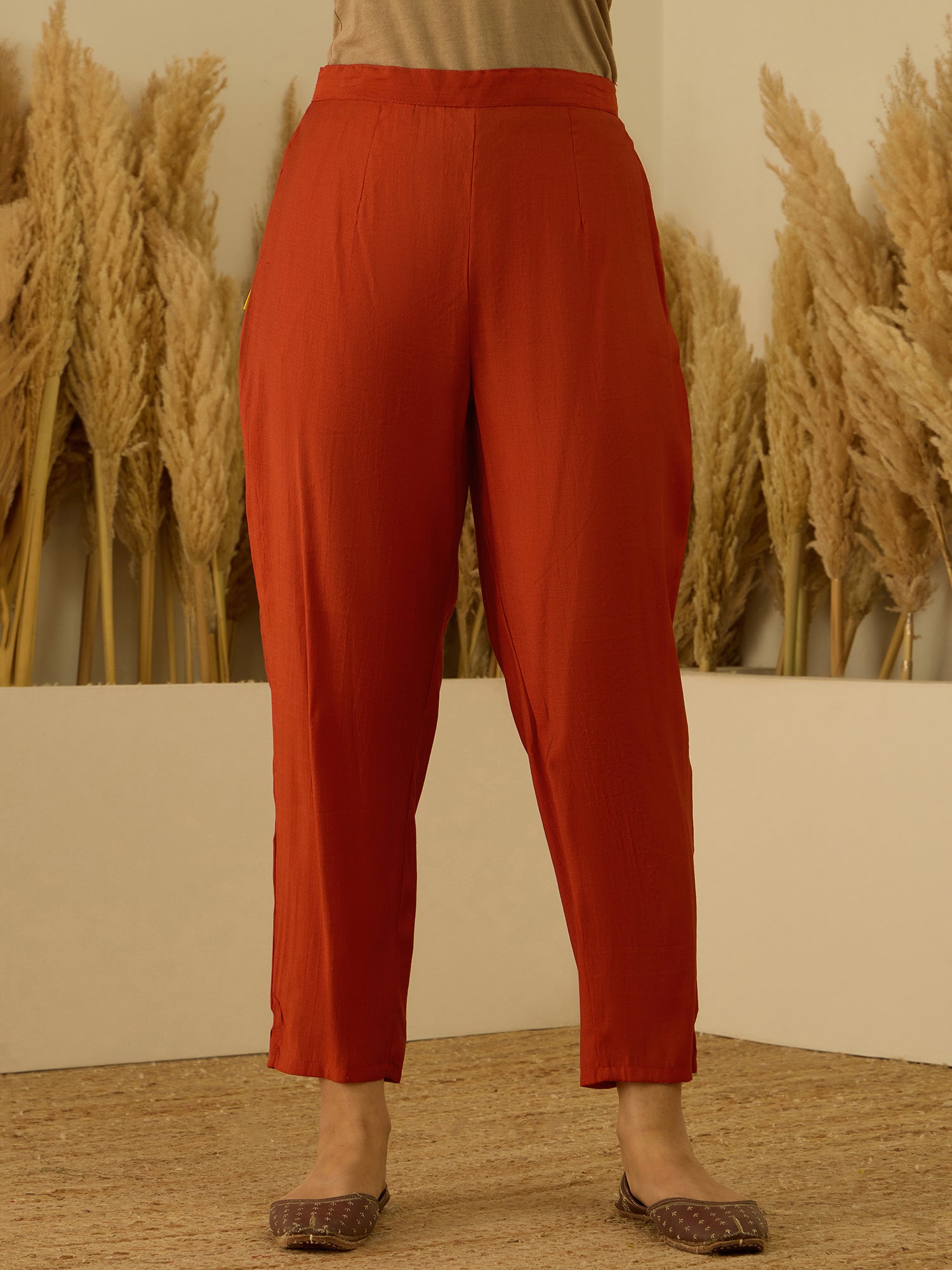 VredeVogel Rust Viscose Rayon Embroidered with Sequins Straight Kurta Set with Trousers & Dupatta