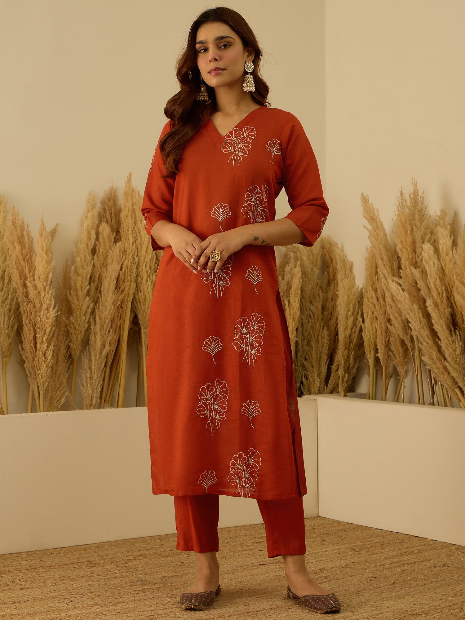 VredeVogel Rust Viscose Rayon Embroidered with Sequins Straight Kurta Set with Trousers & Dupatta