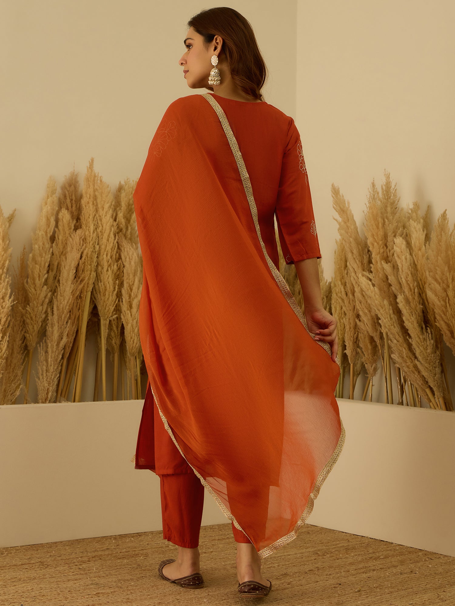 VredeVogel Rust Viscose Rayon Embroidered with Sequins Straight Kurta Set with Trousers & Dupatta