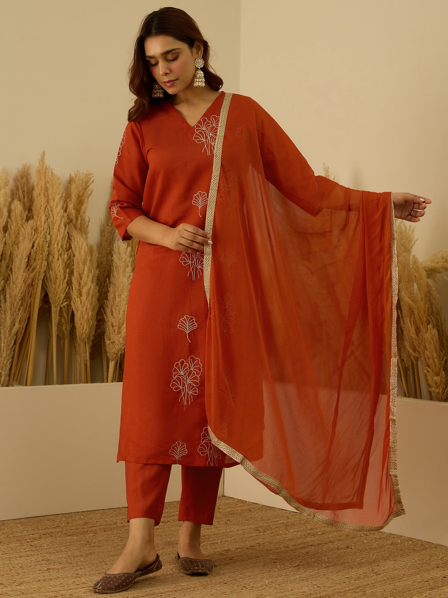 VredeVogel Rust Viscose Rayon Embroidered with Sequins Straight Kurta Set with Trousers & Dupatta