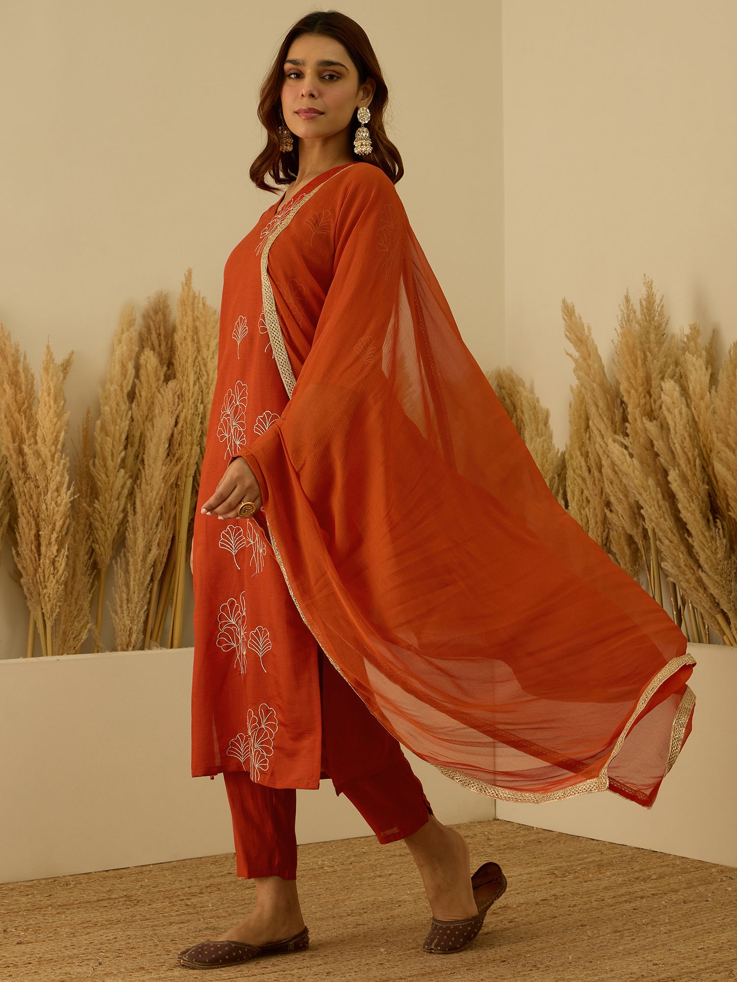 VredeVogel Rust Viscose Rayon Embroidered with Sequins Straight Kurta Set with Trousers & Dupatta