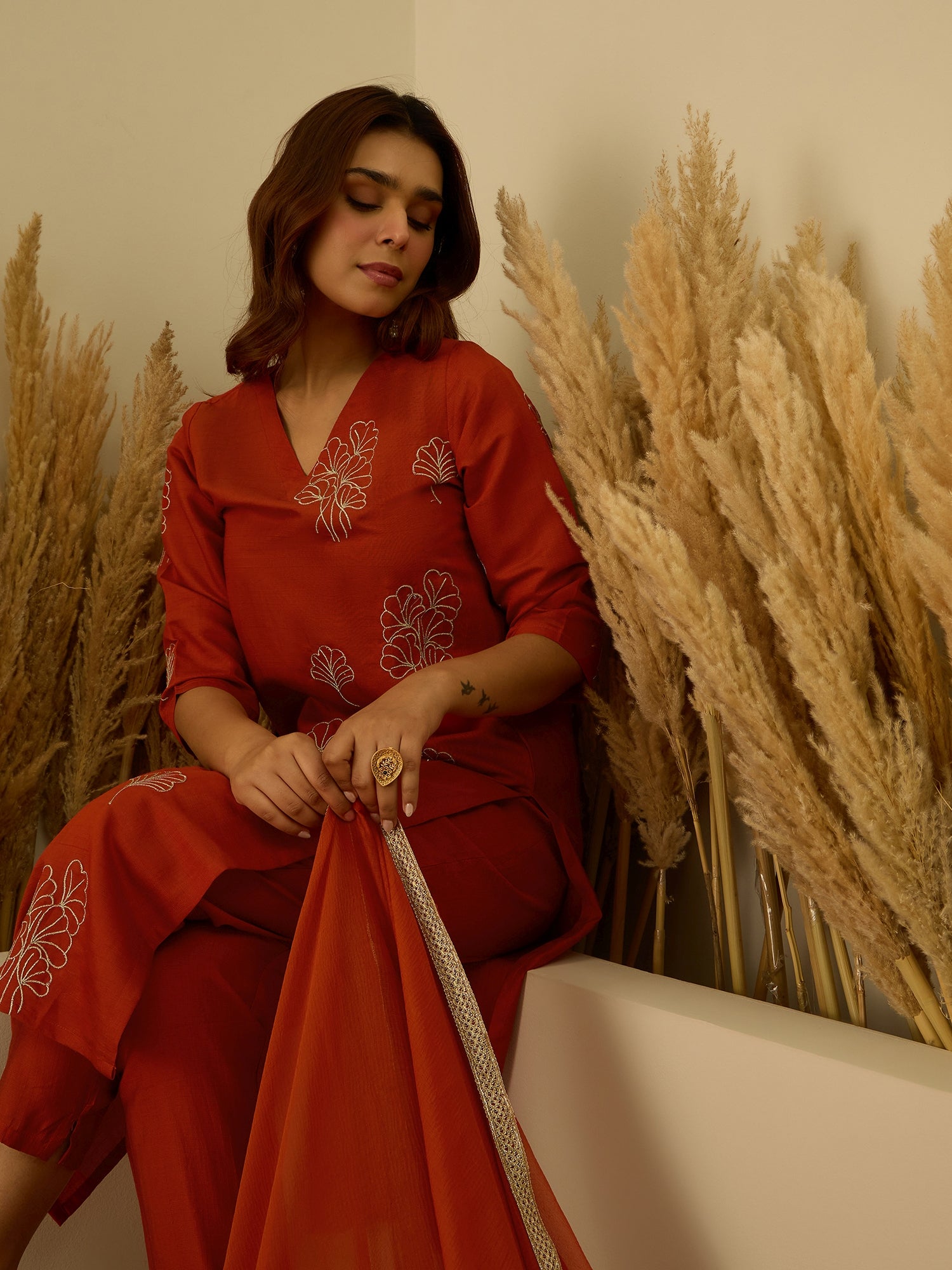 VredeVogel Rust Viscose Rayon Embroidered with Sequins Straight Kurta Set with Trousers & Dupatta