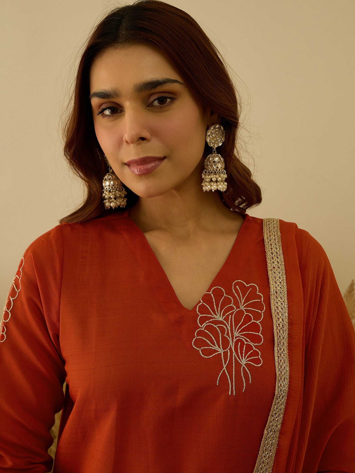 VredeVogel Rust Viscose Rayon Embroidered with Sequins Straight Kurta Set with Trousers & Dupatta