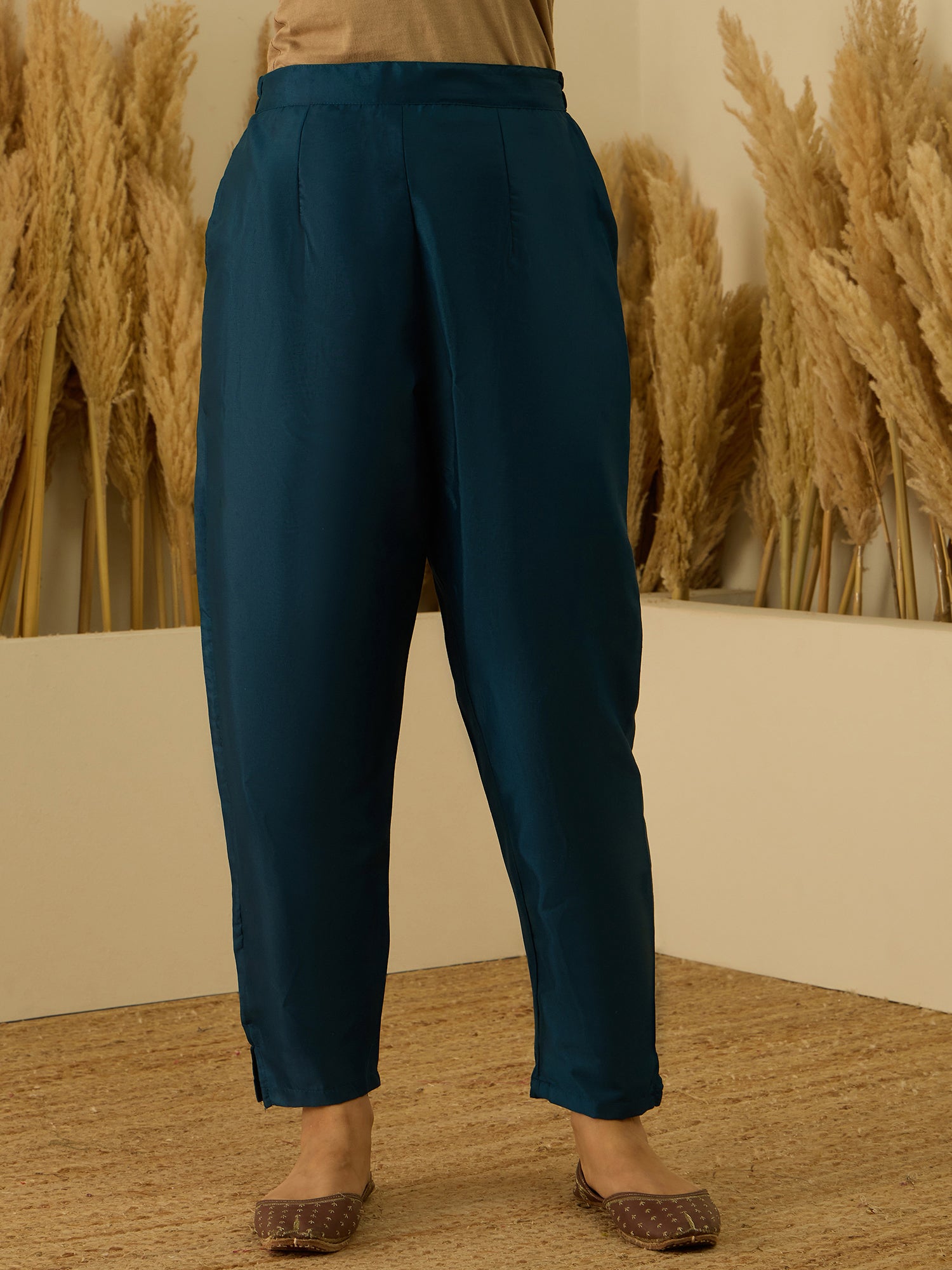 Aarambh Teal blue Women's Silk Blend Banarasi Jacquard Zari Woven Straight Kurta Pant with Dupatta Set