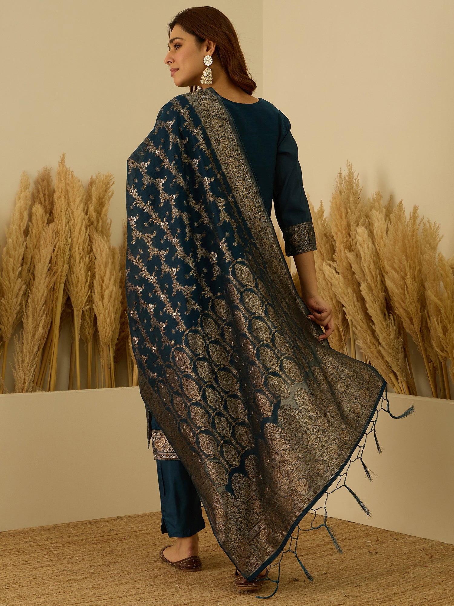 Aarambh Teal blue Women's Silk Blend Banarasi Jacquard Zari Woven Straight Kurta Pant with Dupatta Set